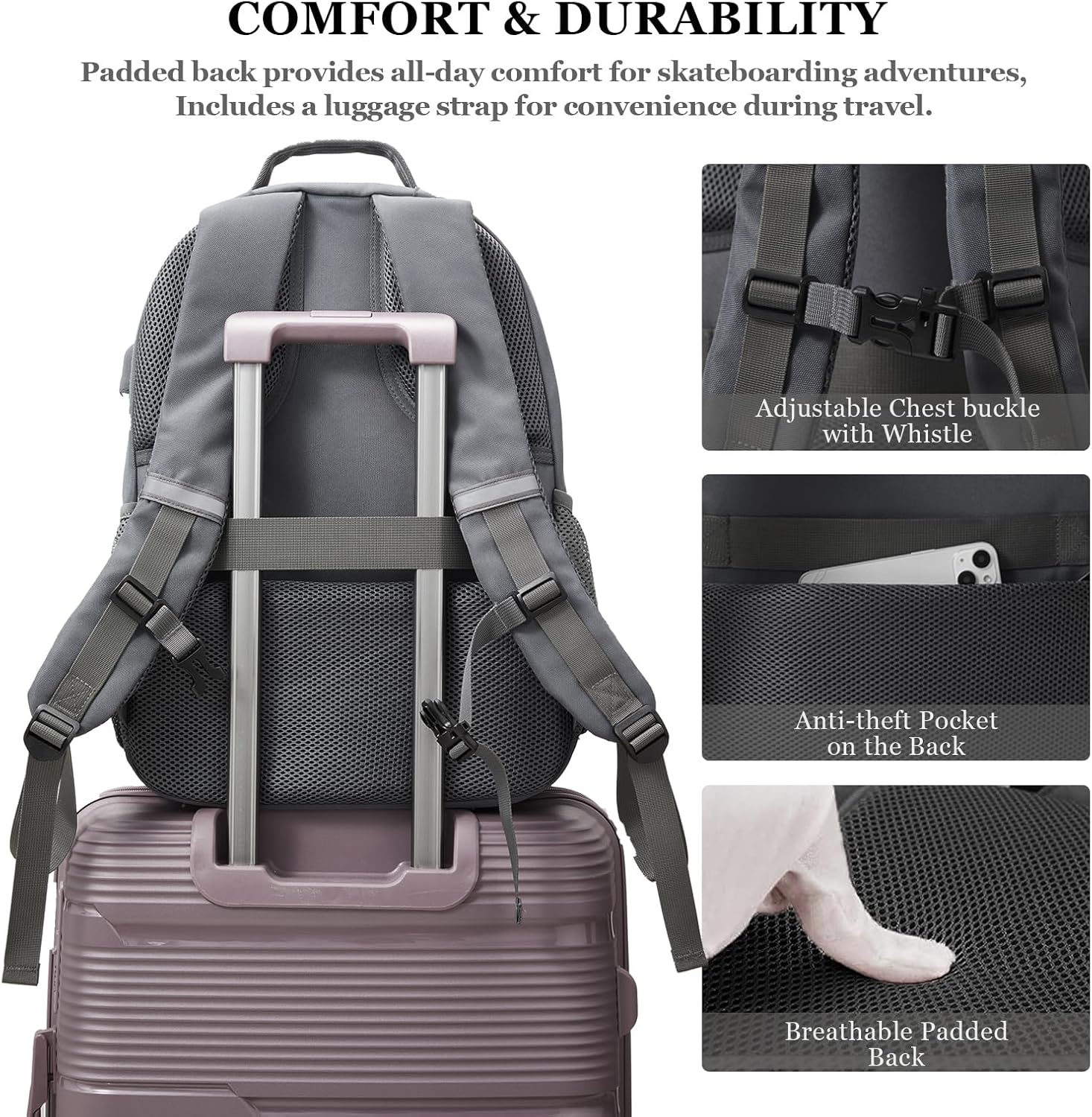 Skateboard Backpack, Large Skateboard Bag for Men and Women Laptop Bag with USB Port, for Skateboarding, College, Travel image number 6