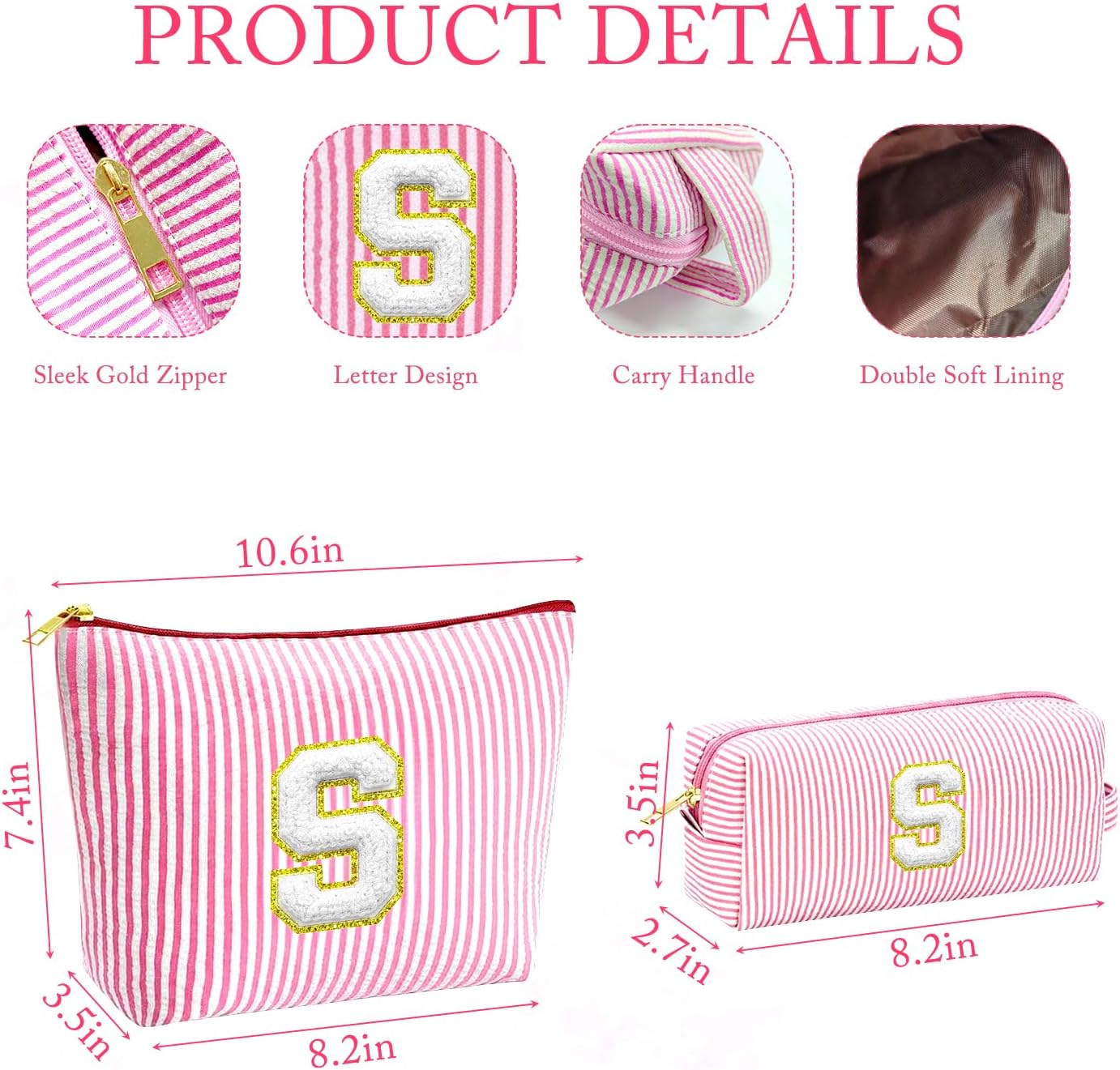 VLYX Personalized Make up Bag - Large Capacity Cosmetic Bags for Women A-Z Initials, 2 Pack - Portable Toiletry Bag, Birthday Gifts Idea, S