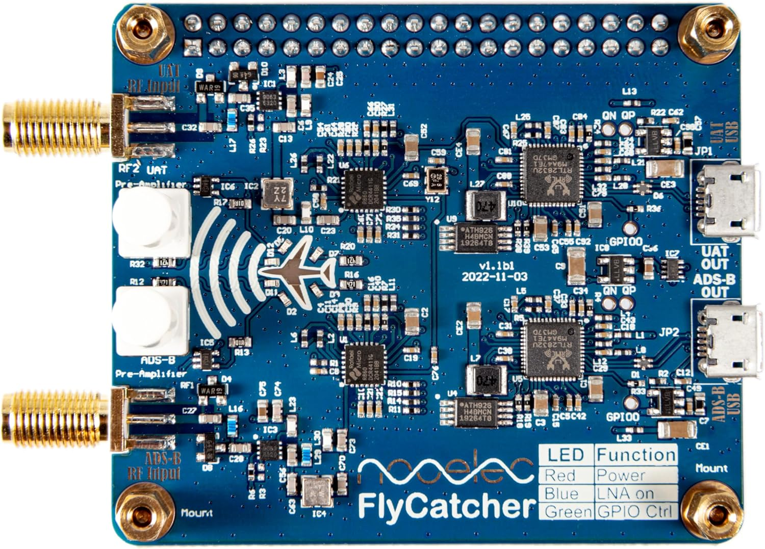 Nooelec Flycatcher - High Performance Dual-Channel RTL-SDR Raspberry Pi HAT for Flight Tracking & Aviation Monitoring. ADS-B 1090Mhz and UAT 978Mhz Software Defined Radio W/Local & Remote LNA Bypass image number 4