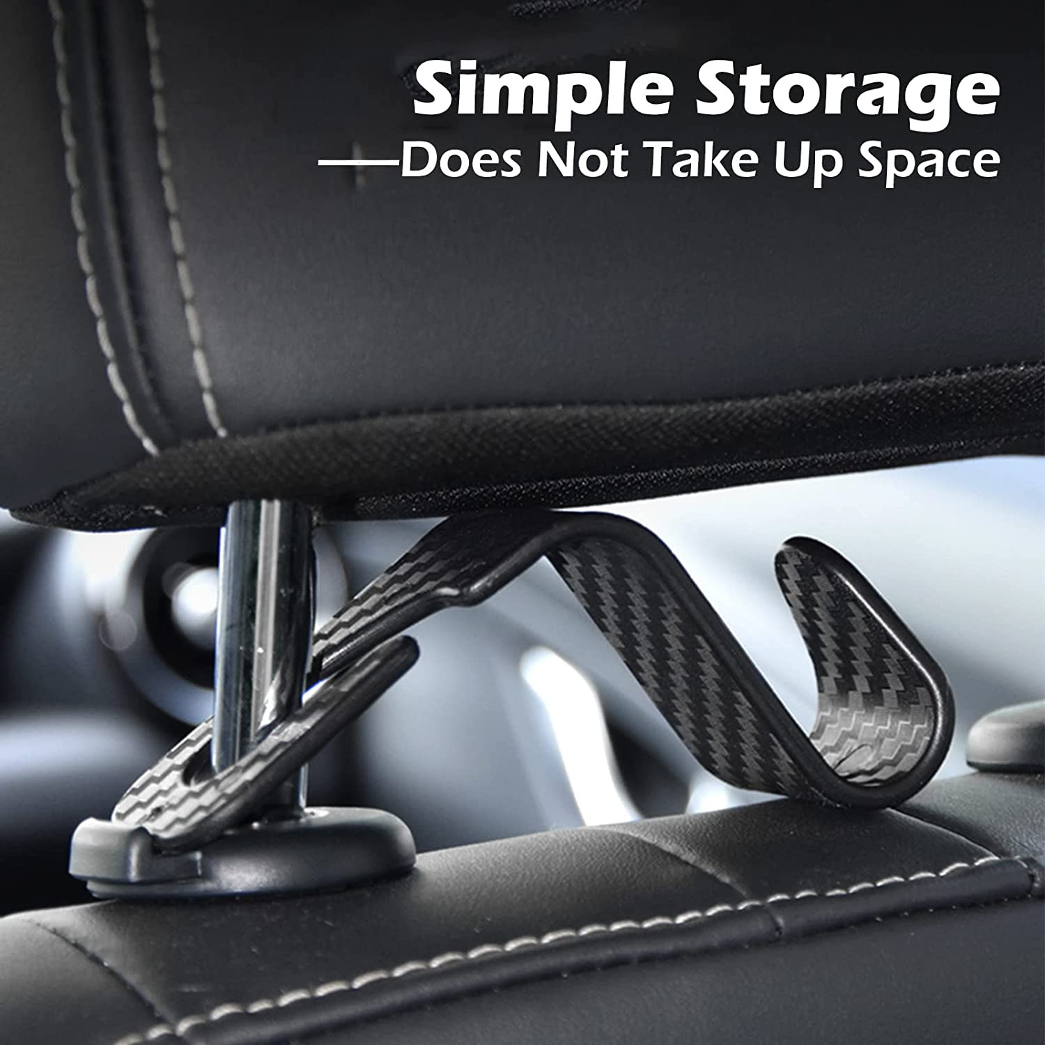 4 Pack Car Seat Headrest Hooks, Carbon Fiber Texture Purse Holder Storage Hook for Car Handbag Clothes Coats Grocery Bags, Black image number 5