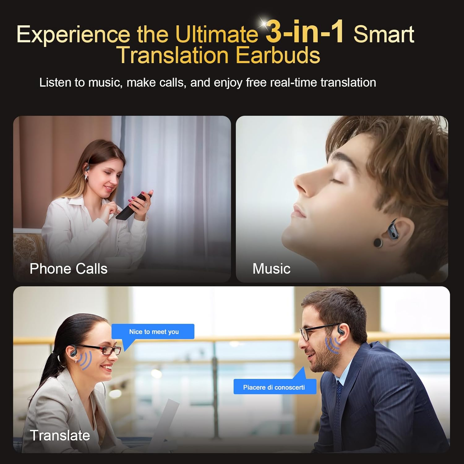 Stecei AI Language Translation Earbuds Real Time, 3-In-1 Translator Earbuds with 6 Translation Modes/164 Language, 75H Bluetooth 5.4 Headphones Translating Device for Travel/Business//Leaning, Black image number 2