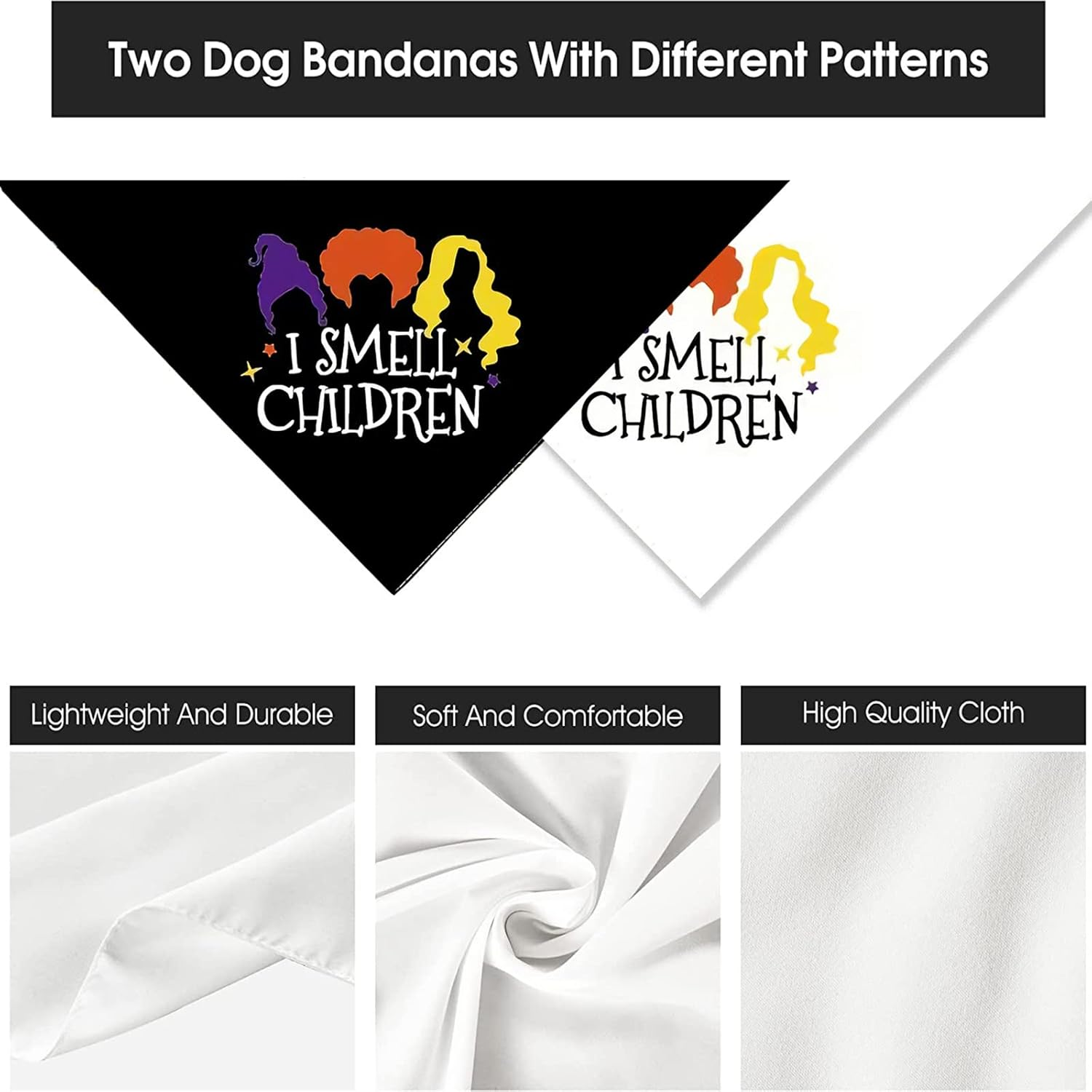 Halloween Hocus Pocus Dog Bandanas - I Smell Children Witch Dog Scarf - 2 Pcs Adjustable Sanderson Sisters Holiday Party Triangle Reversible Pet Bandanas for Small Medium Large Dogs image number 2