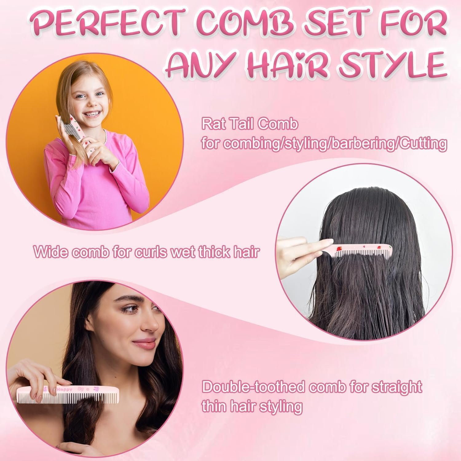 Small Cute Strawberry and Ice Cream Kids Toddler Babys Comb, 4Pcs Toddler Strawberry Ice Cream Baby Fine Tooth Rat Tail Combs, Small Cute Fine Tooth Toddler Combs and Rat Tail Baby Comb for Girls