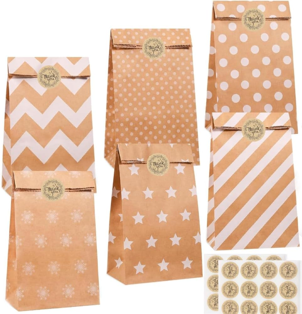 24PCS Kraft Paper Gift Bags Set with Thank You Stickers, 6 Mixed Patterns ﻿ image number 5