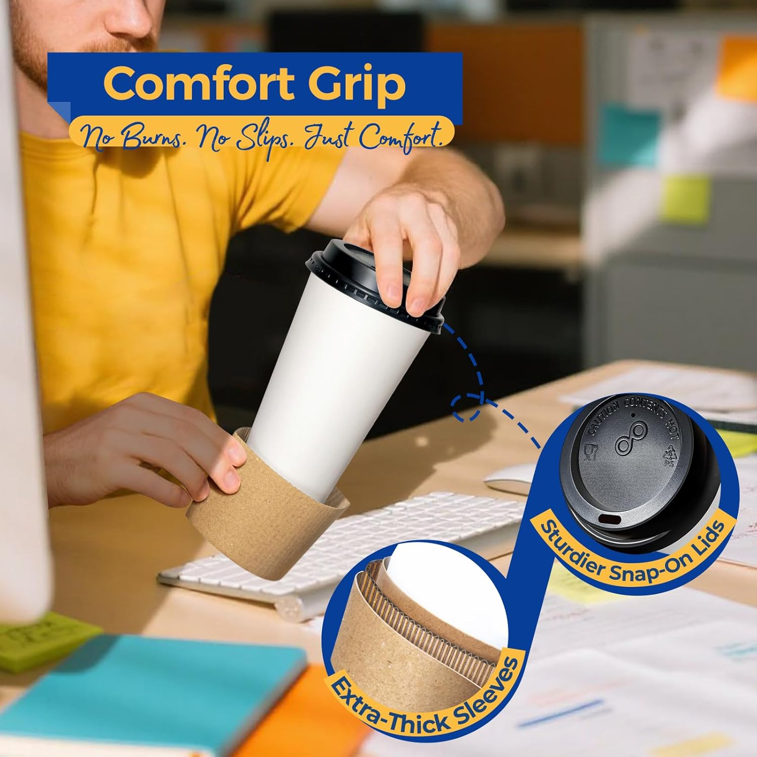 Fit Meal Prep [50 Pack] 16 Oz Hot Beverage Disposable White Paper Coffee Cup with Black Dome Lid and Kraft Sleeve Combo, Medium Grande image number 4