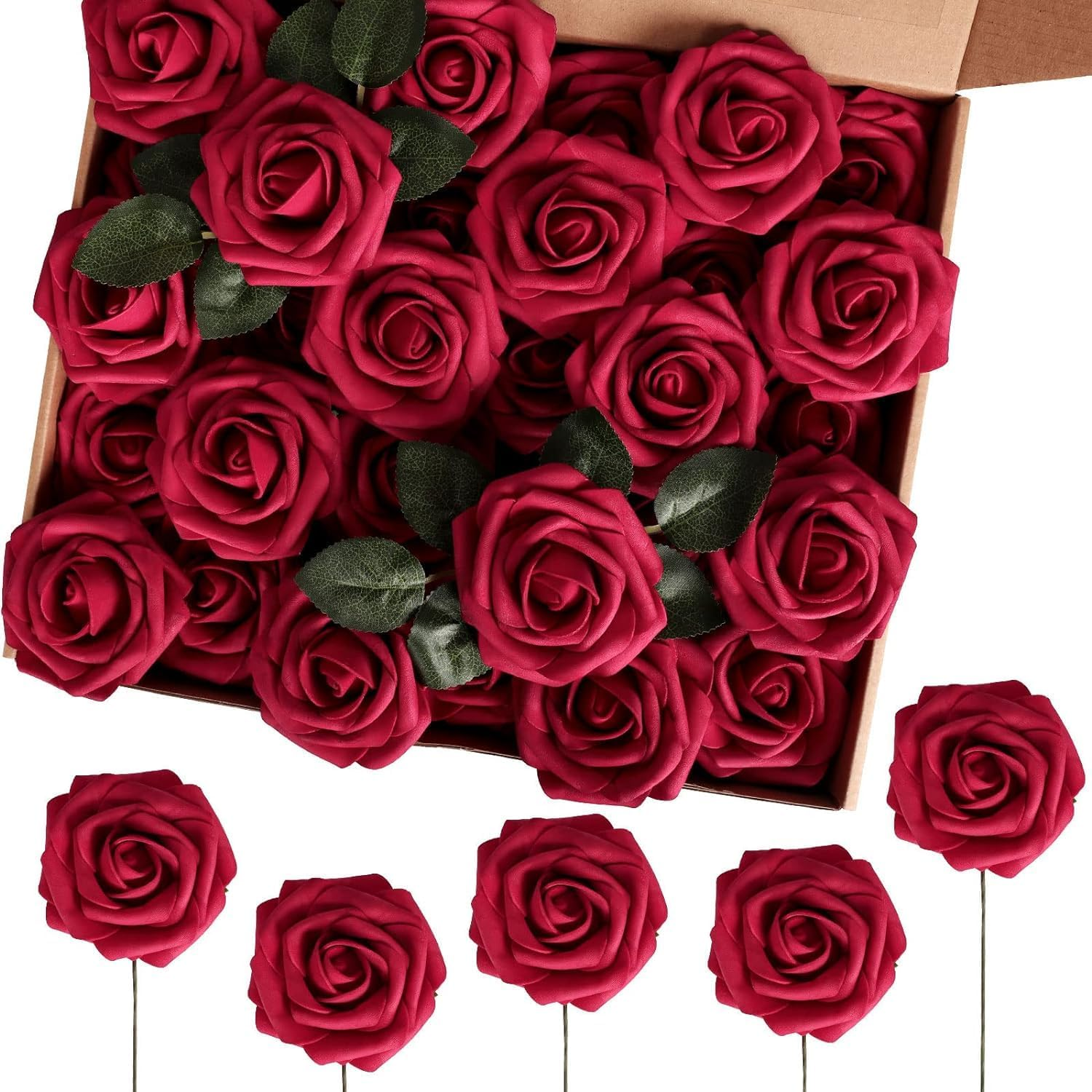 UKKQES Artificial Flowers 25Pcs Real Looking Foam Fake Roses with Stems for DIY Wedding Bouquets Bridal Shower Centerpieces Floral Arrangements Party Tables Home Decorations (Light Blue)