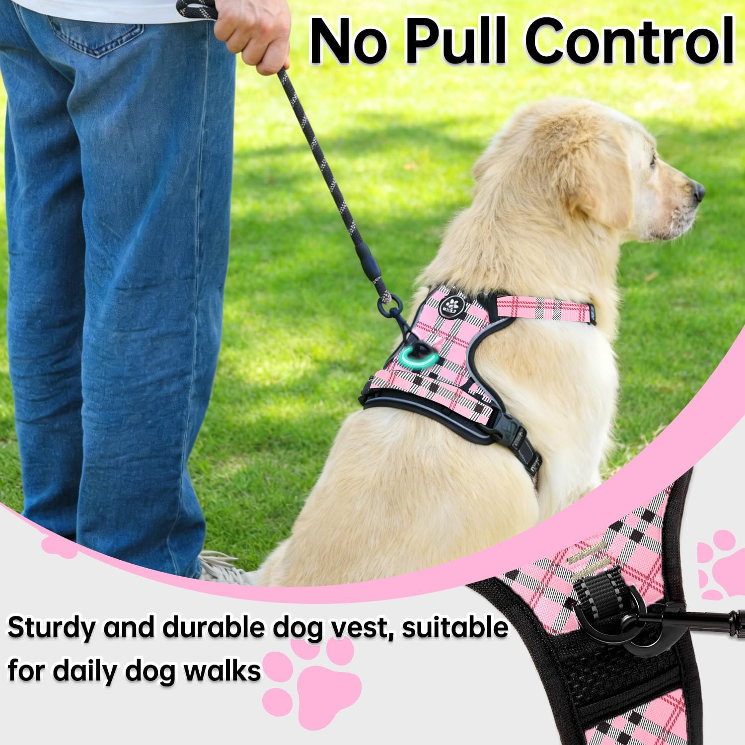 NESTROAD Pink Plaid Dog Vest Harness, No Pull Adjustable Harness and Lead Set for Large Dogs, Size XL of Neck 17~25" Chest 21~35", anti Pull Escape Proof Dog Lifting Harness with Seat Belt for Car image number 5