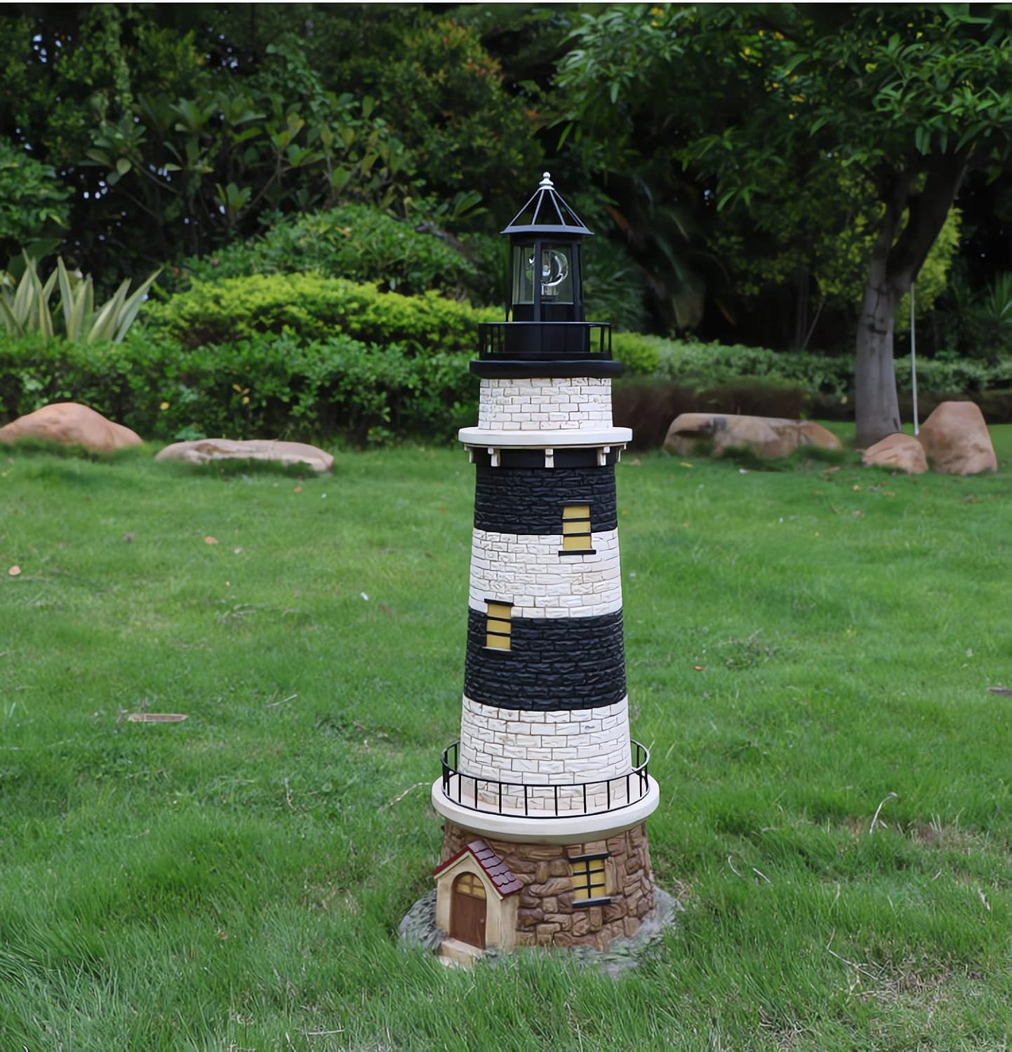 Solar Lighthouse Rotating Light - 360 Degree Light Houses Lamp for Yard, IP65 Waterproof Durable Lighthouse Lamps Towers Statue Lights for Outdoor Garden Pathway Patio (Black -Large - Style B) image number 6
