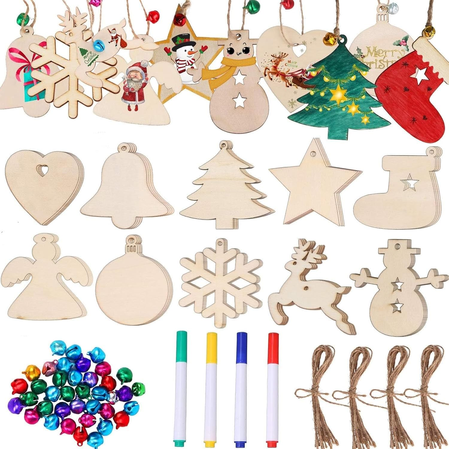 50PCS DIY Wooden Christmas Tree Ornaments Decorations, Christmas Unfinished Wooden Ornaments with Ropes for DIY Craft Making, Christmas Tree Decorations, Holiday Decoration (10 Styles) image number 2