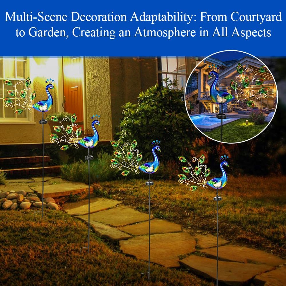 Solar Garden Lights, 3-In-1 Waterproof Solar Lights, with Peacock, Ground-Mounted Lawn Lights, Ambient Lighting, Decorative Lighting, Metal Lamp, Automatic Photosensitivity, for Garden, Yard, Patio image number 2
