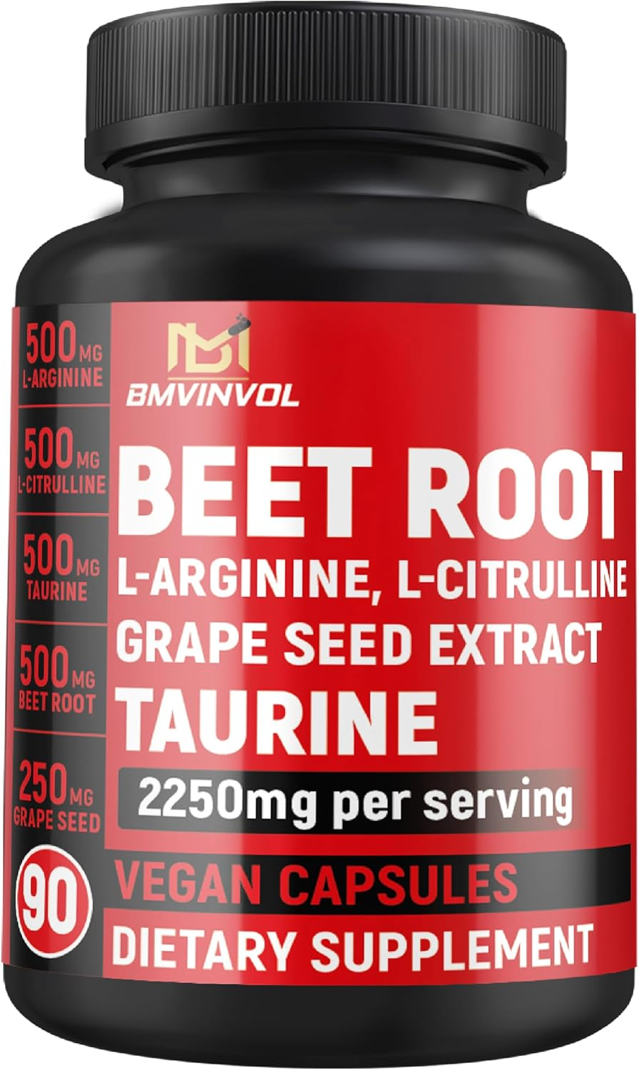 Beet Root Capsules L Arginine L Citrulline Taurine Grape Seed - Nitric Oxide Beetroot Powder - 90 Capsules Gluten Free and Non-Gmo