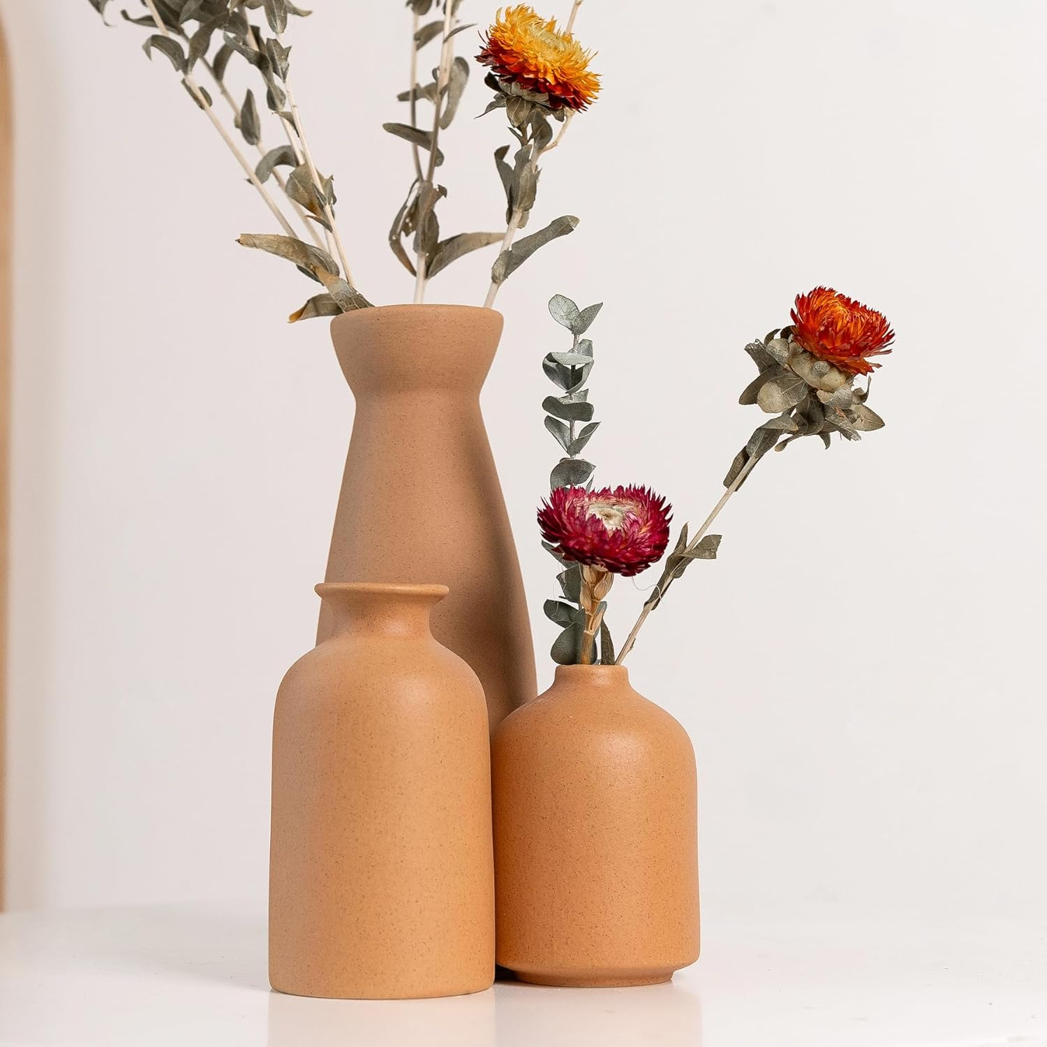 Black Ceramic Vase Set-3 Small Flower Vases for Decor Boho Vase Distressed Farmhouse D&eacute;cor, Pottery Decorative Flower Vase for Home Decor, Table, Living Room Decor, Idea Shelf