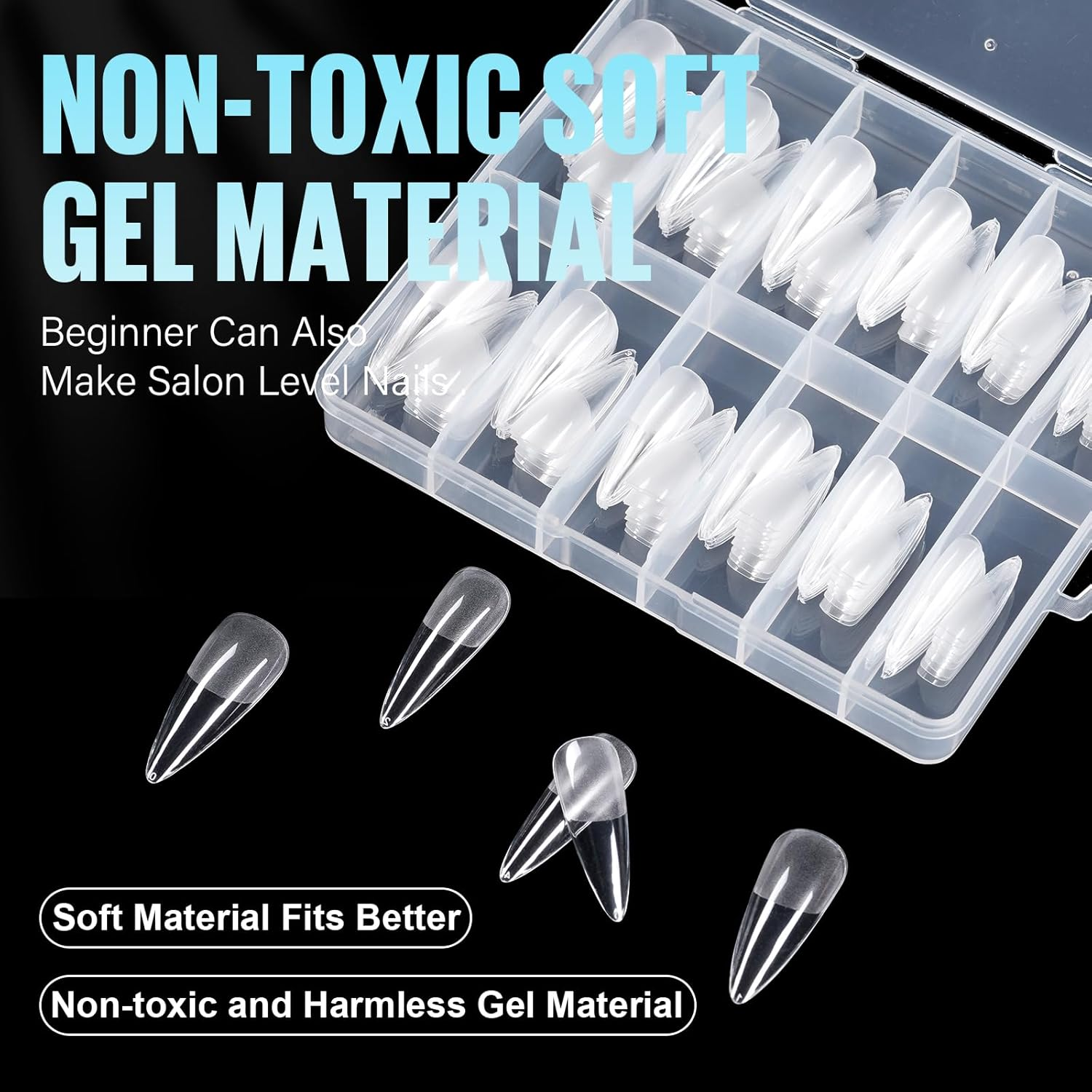 TOMICCA Long Almond Shaped Nail Tips, 240PCS Half Matte Soft Gel Tips, No File Needed, Full Cover False Nails, Clear Acrylic & Strong Tip for Press on Extension - 12 Sizes