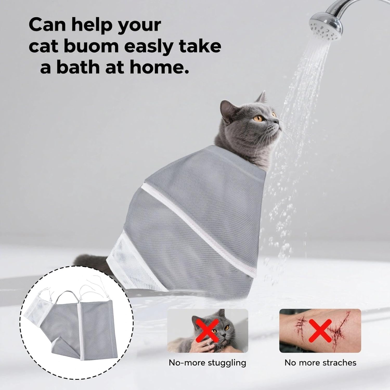Adjustable Cat Bathing Shower Bag, 1Pc Anti-Bite & Anti-Scratch Cat Bath Washing Restraint Bag, Breathable Mesh Cat Grooming Bag for Shower, Grey