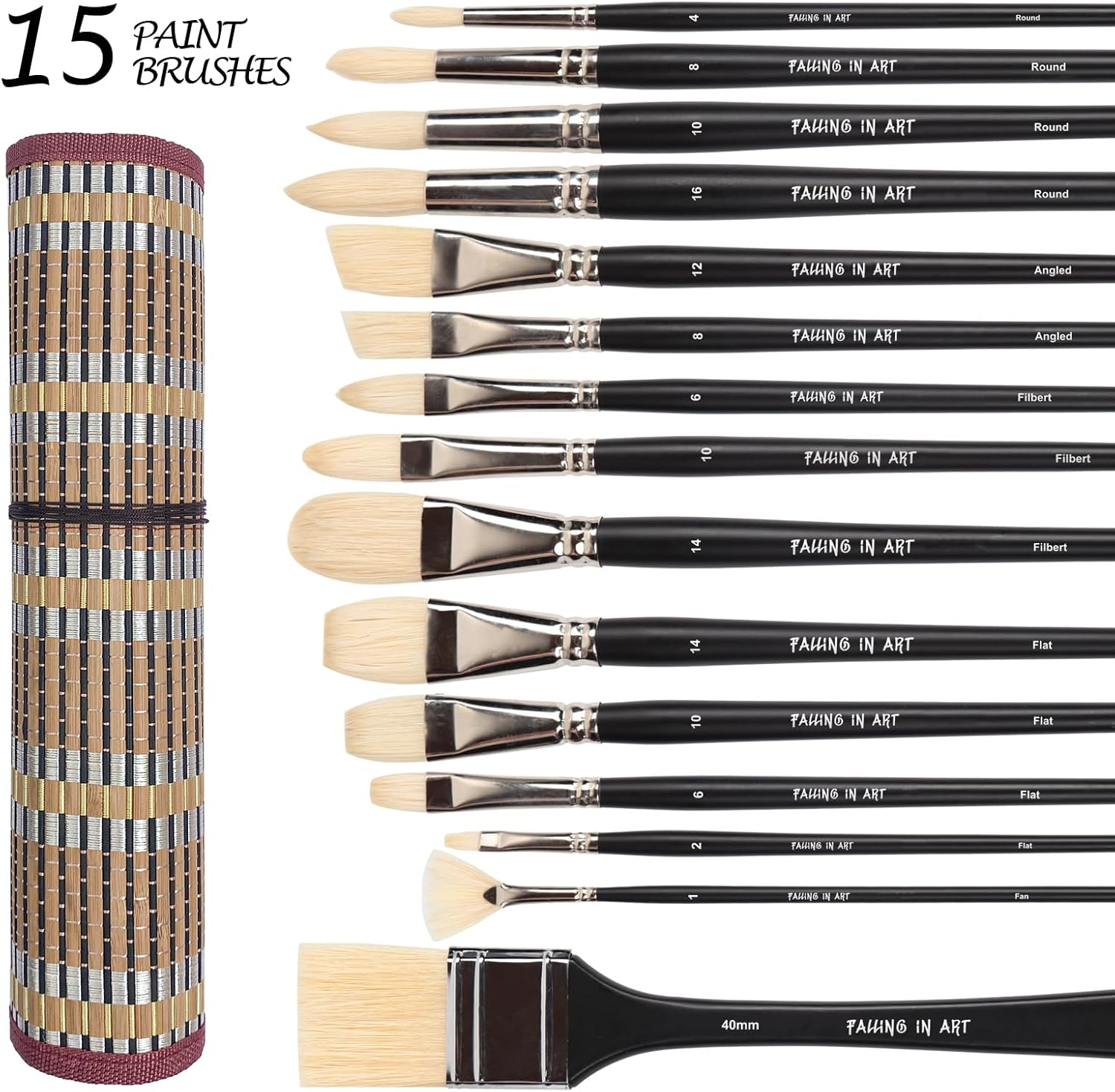Natural Bristle Professional Paintbrushes Set | 15PCS Long Handled Paint Brushes for Acrylic Painting | Oil Paint Brushes of Fan, Round, Flat, Angled, Filbert, and Chip Tips with Bamboo Storage Pouch image number 2