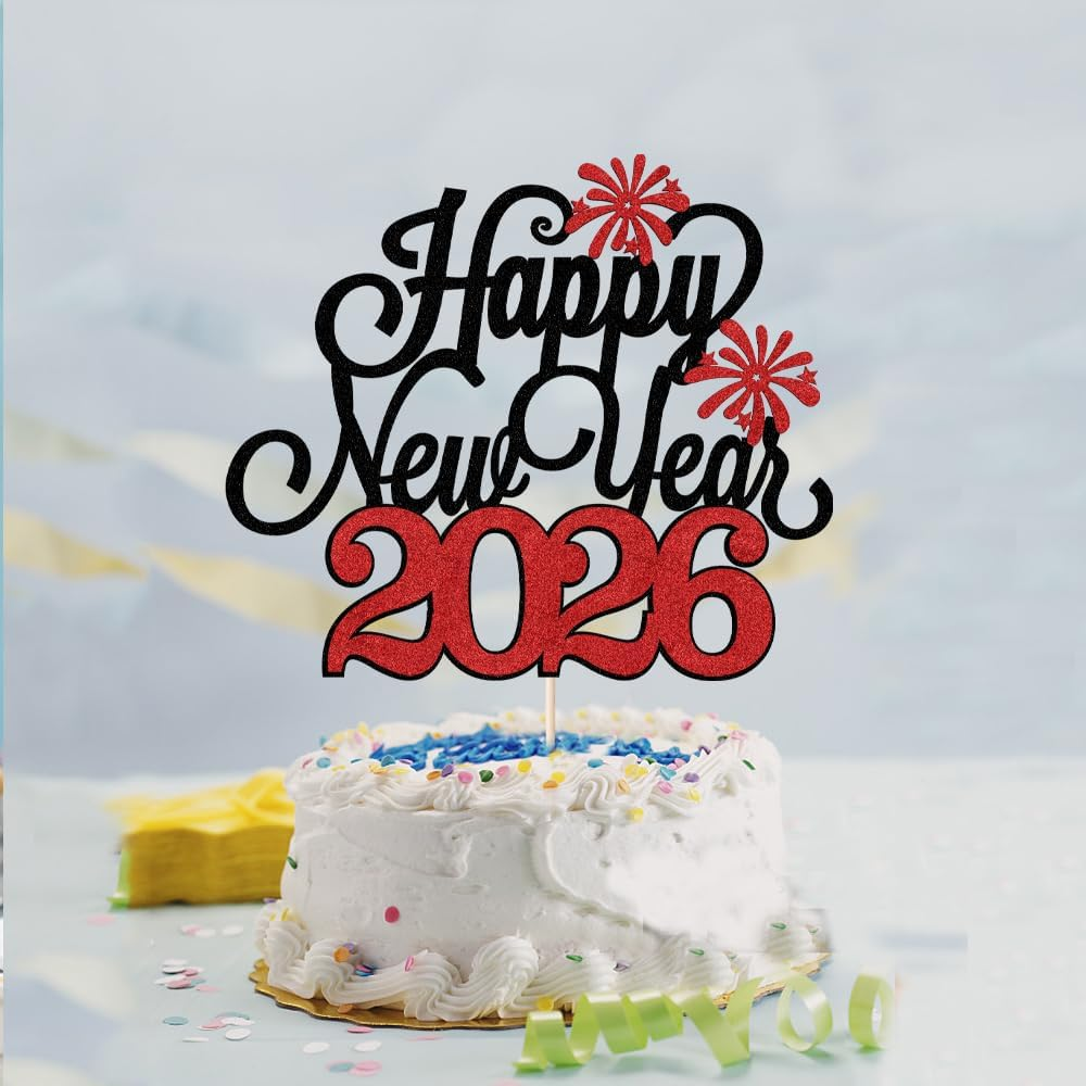 Happy New Year Cake Topper，Welcome 2024 Cake Topper，New Years Eve Party Supplies 2024,New Year Christmas Holiday Party Decorations,Winter Holiday Cake Picks-New Year Party Supplies(Black) - Red image number 6