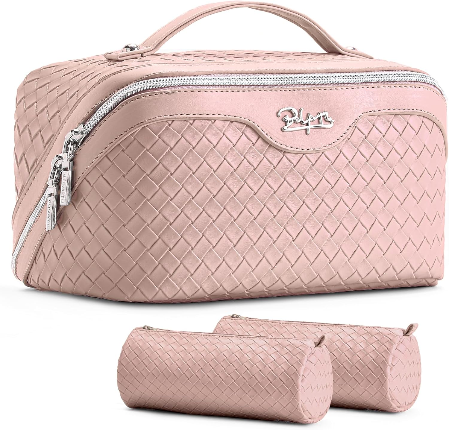 BOYATU Travel Makeup Bag Cosmetic Bags for Women: Large Capacity 3 Pcs Set Make up Bag with Compartments - Waterproof Vegan Leather Toiletry Organizer Bags with Handle (L02 Light Pink) - 01-F-Purple image number 5