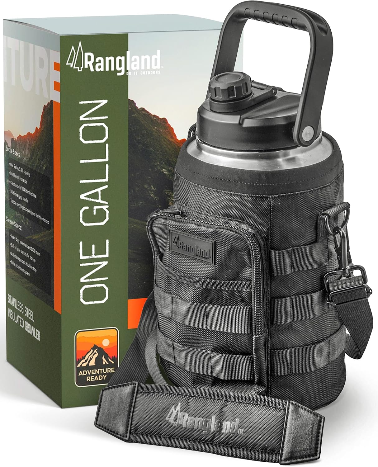 RANGLAND Insulated 1 Gallon Water Bottle with Sleeve - Stainless Steel Wide Mouth Growler with Tactical Carrying Bag - Insulation for Hot/Cold Drinks (128Oz) image number 4