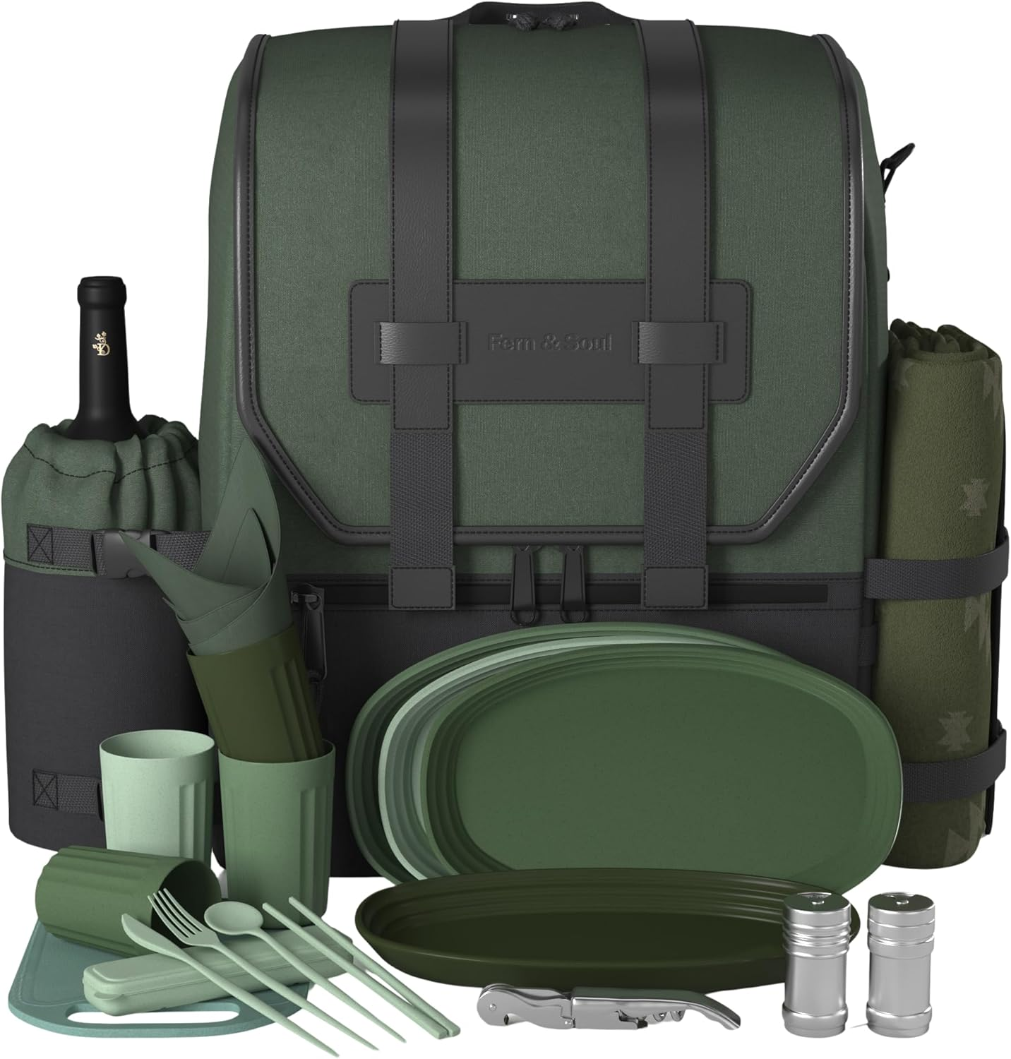 Fern & Soul Picnic Backpack for 4. Stylish Insulated Picnic Set with Blanket, Wine Cooler, a Modern Picnic Bag Made to Last, Ideal for Couples Gifts, Family, Wine Picnic Basket for 2-4