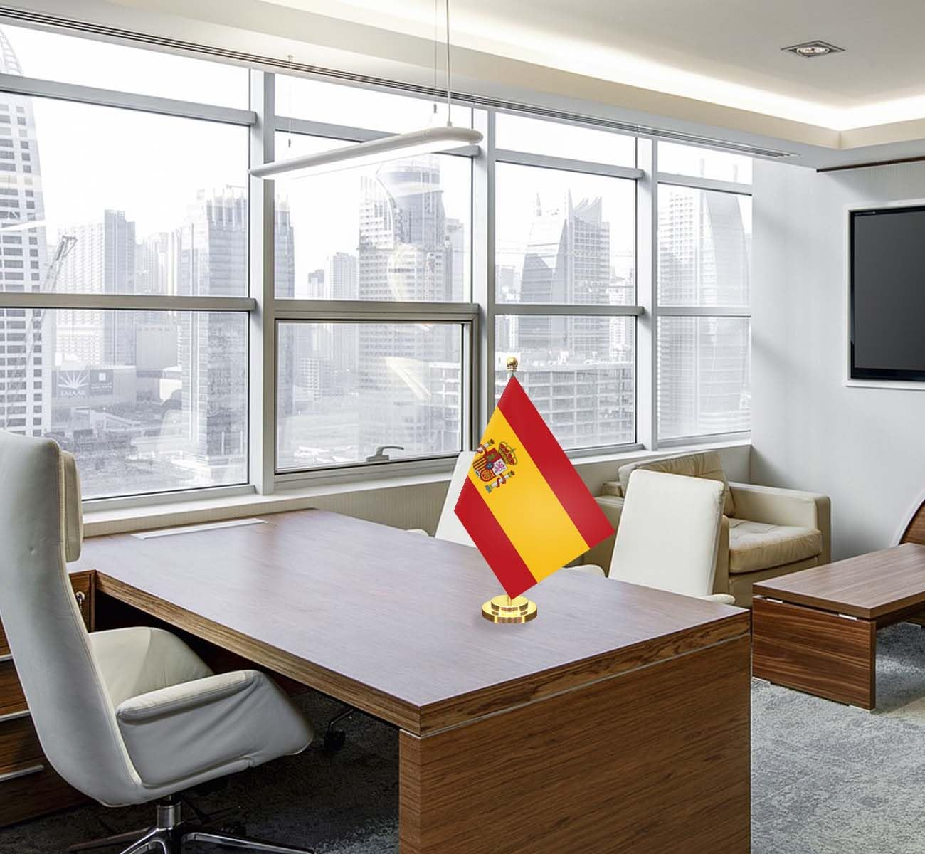 Spain Desk Small Flag Set,5&times;8 Inch Mini Spanish Desktop Banner,12" Metal Solid Pole Decor,Tiny Digital Printed Polyester Banner with Golden Base