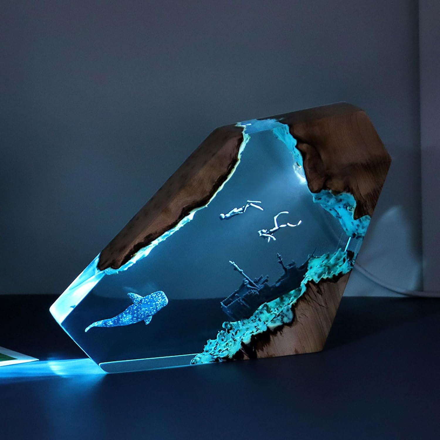 Shark Diver LED Ocean Lamp, 6 Brightness Resin Handmade Wood Light Lamp, USB Power Supply Deep Sea Cave Divers Light, for Office, Desk, Bedroom Decorations image number 2