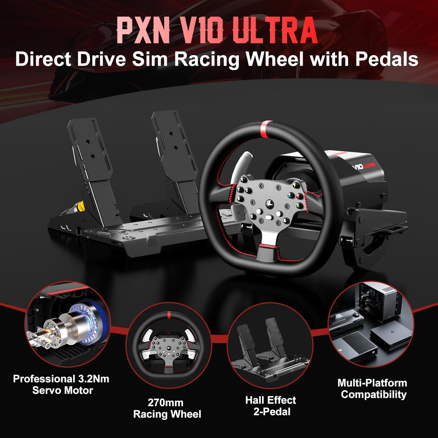 PXN Direct Drive Racing Wheel, V10 Ultra Gaming Steering Wheel - 3.2Nm Force Feedback Steering Wheel for Pc/Xbox/ PS4, 270Mm Leather Wheel with 4 Paddle Shifters, Adjustable Pedals image number 5
