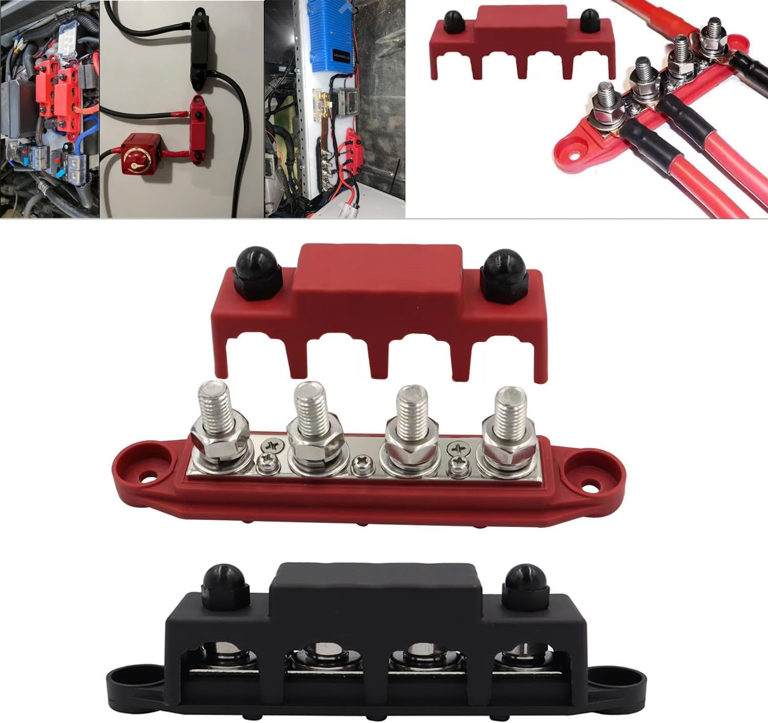 AULESSE 12V-48V DC Bus Bar Power Distribution Block 5/16" (M8) 4 Studs Heavy Duty Busbar Stud Terminal Junction Block with Cover and Ring Terminals 250 Amp for Cars Rvs Ships Yachts (Red+Black) image number 5