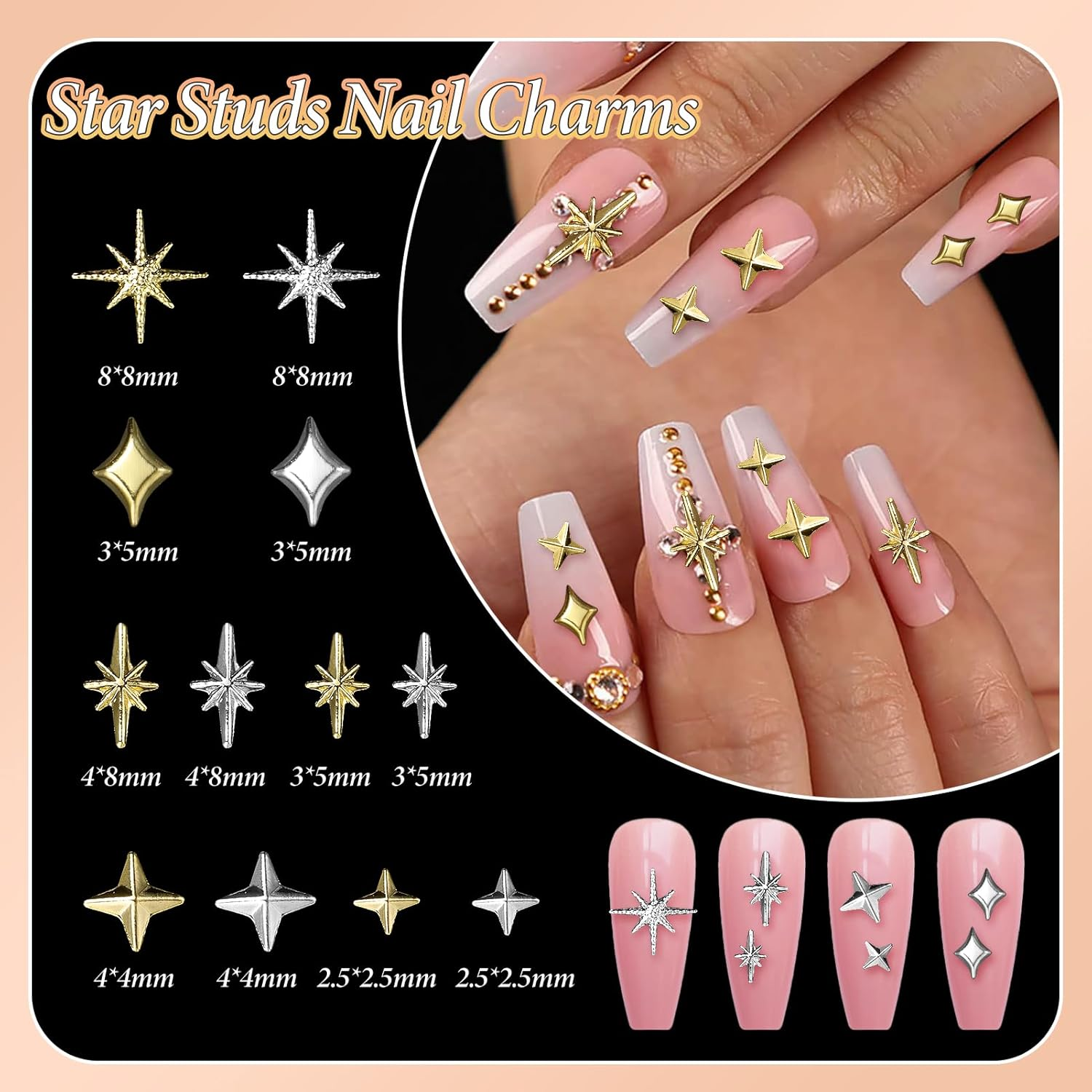 2 Boxes Gold Star Nail Gems Charms, Metal Starshine Studs, Silver Golden Micro Caviar Beads, DIY Accessories for Nail Art image number 2