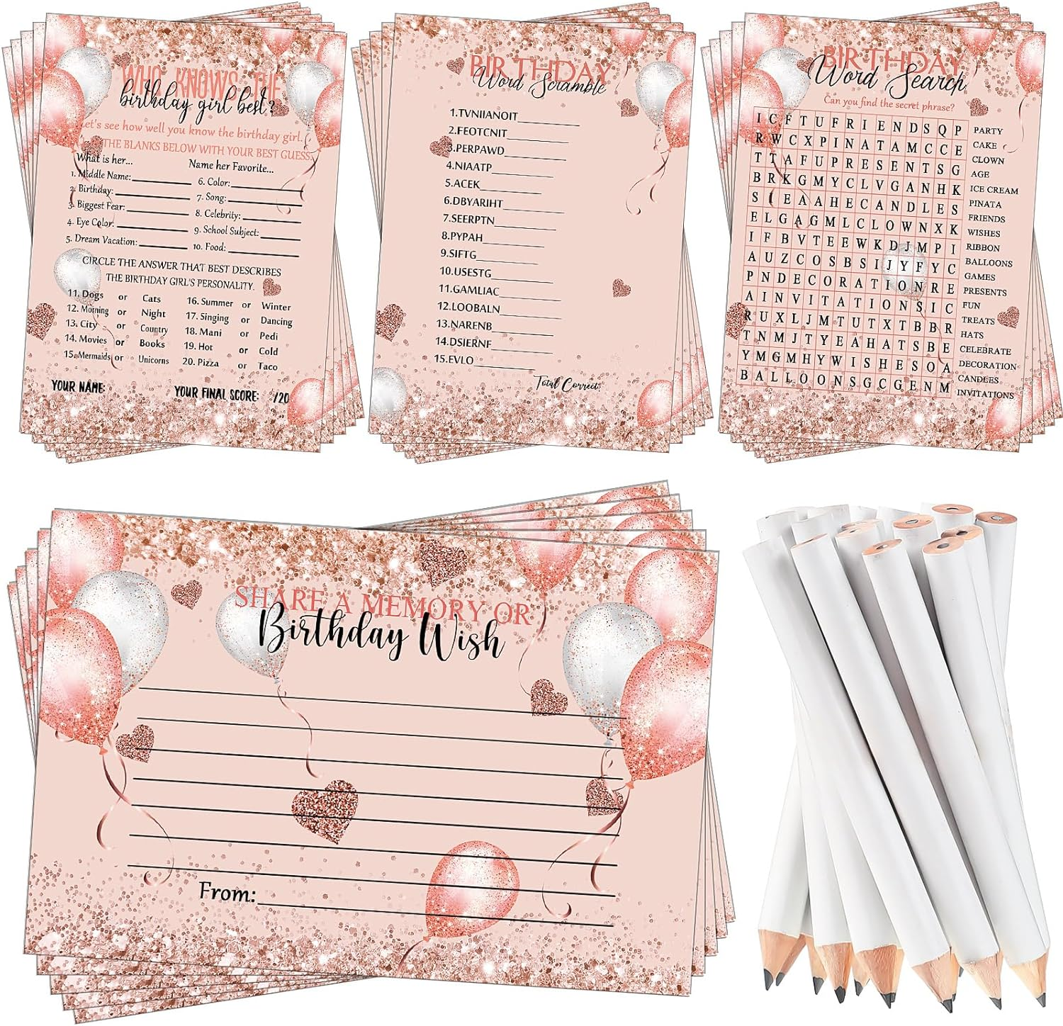 Birthday Party Cards 100 Pcs Who Knows the Birthday Girl Cards with 20 Pencils Girly Pink Sprinkles Birthday Cards Set for Child Teen Adults Sweet Sleepover Party Supplies, 4 Activities image number 4