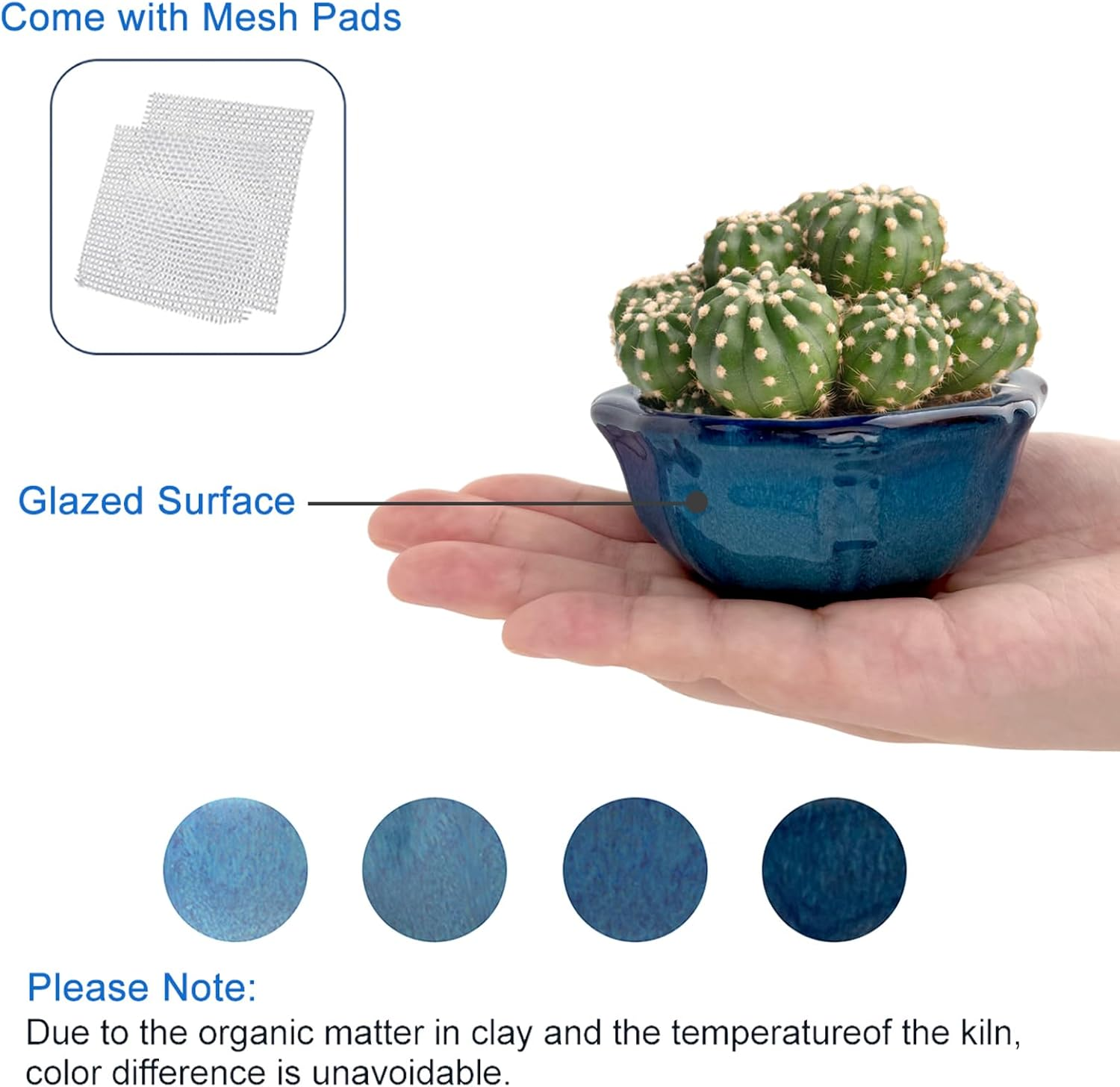 Happy Bonsai 6 Pc Mini Glazed Pots Value Set + 6 Soft Mesh Drainage Screens image number 1