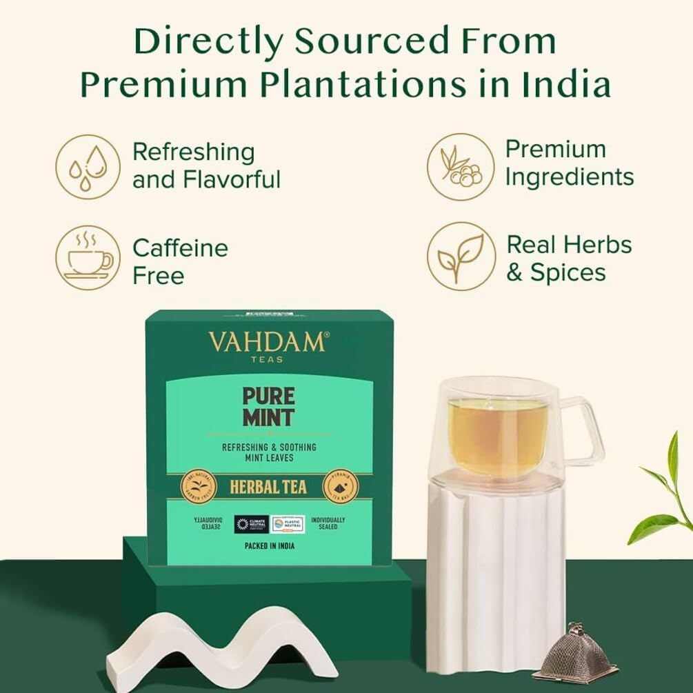 VAHDAM, Pure Mint Herbal Tea (15 Sachets of Pyramid-Mint Tea) 100% Natural Ingredients - Peppermint, Green Mint | Caffeine-Free Herbal Tea Bags image number 5