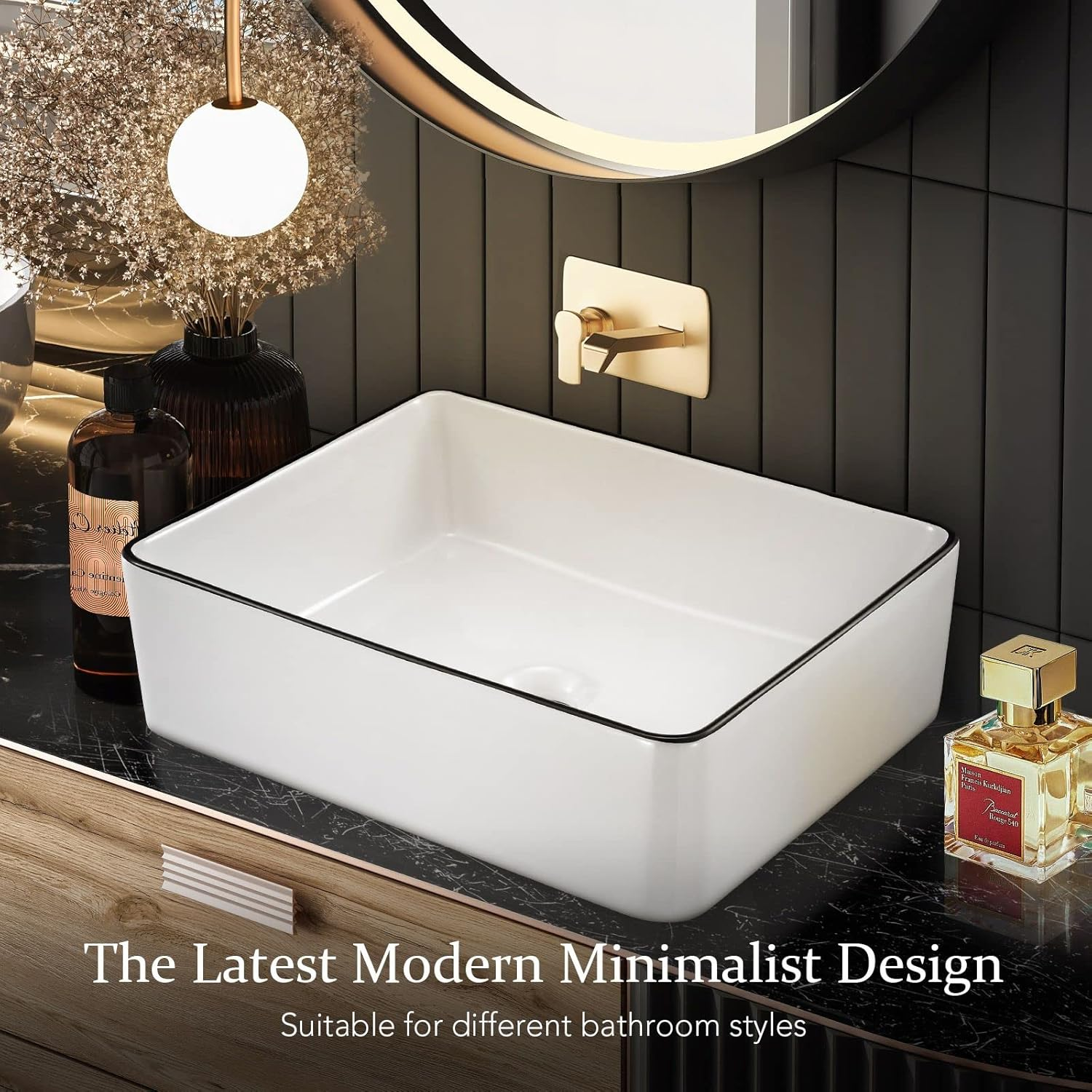 Luxsuite Bathroom Basin Rectangle Ceramic Basin Sink Vessel Washing Basin Vanity Hand Wash Bowl above Counter Bath Toilet Countertop White 48X37Cm - Black-M2 image number 2