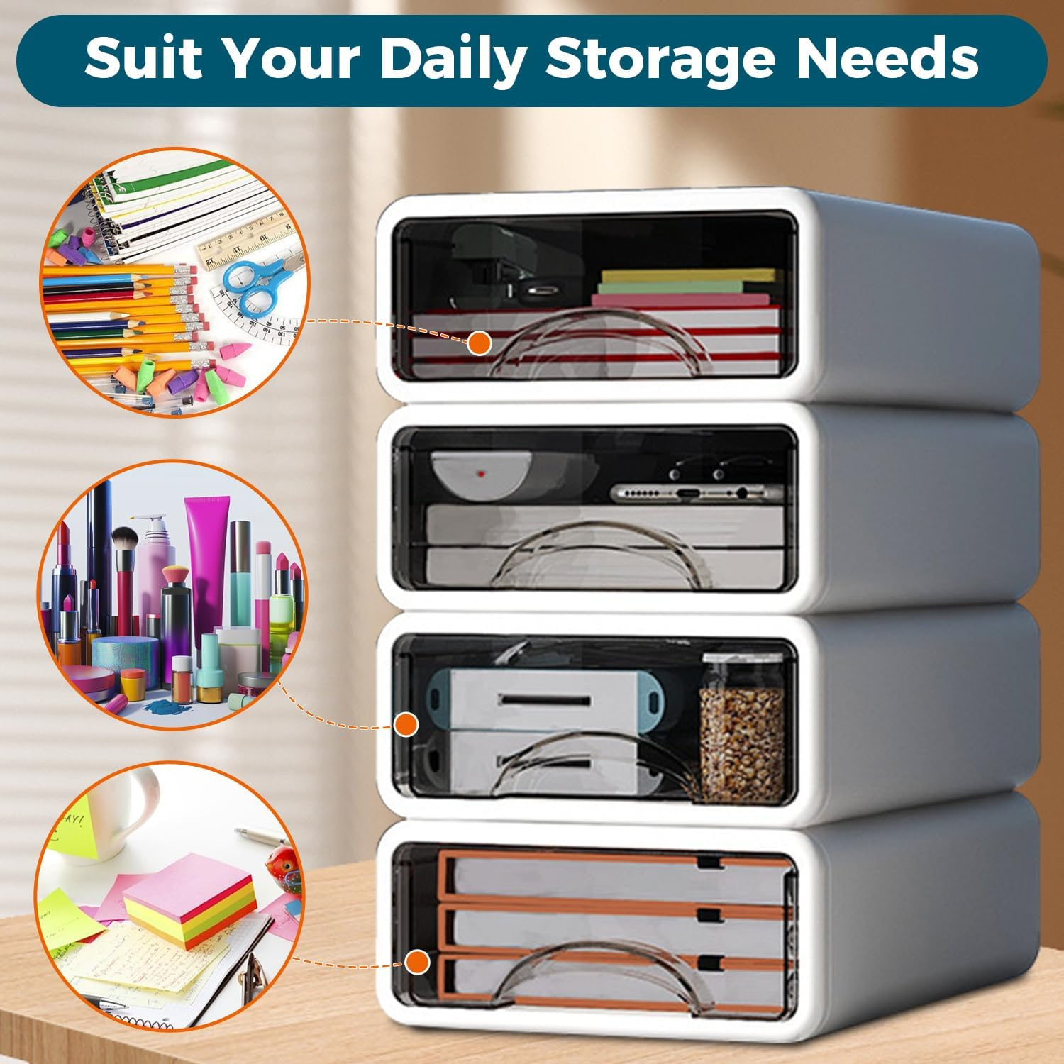 DAWNTREES Stackable Office Storage Box with Drawers｜ Desk Storage Box with 4 Drawers｜Organize Desk Accessories Plastic Desktop Storage Box，Desk Accessories (4S) image number 5