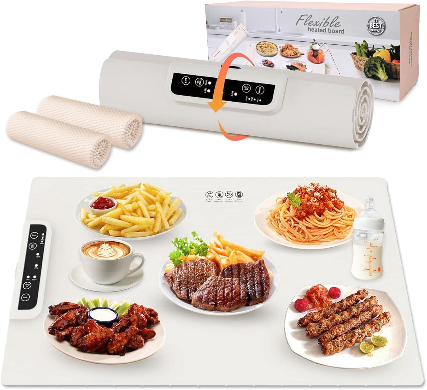 Zurligi Electric Food Warming Mat, with 2 Kitchen Towels, 61X38 Cm Portable & Rollable Silicone Warming Tray, Full Surface Heating, 3 Temperature Settings (60&deg;C/80&deg;C/100&deg;C)- Australian Plug