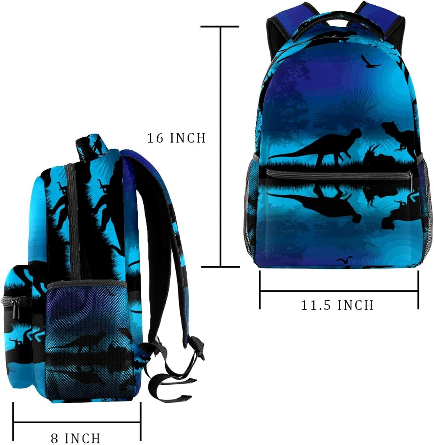 Dinosaurs Silhouettes at Blue Night near Water Backpack Students Shoulder Bags Travel Bag College School Tote Backpacks image number 5