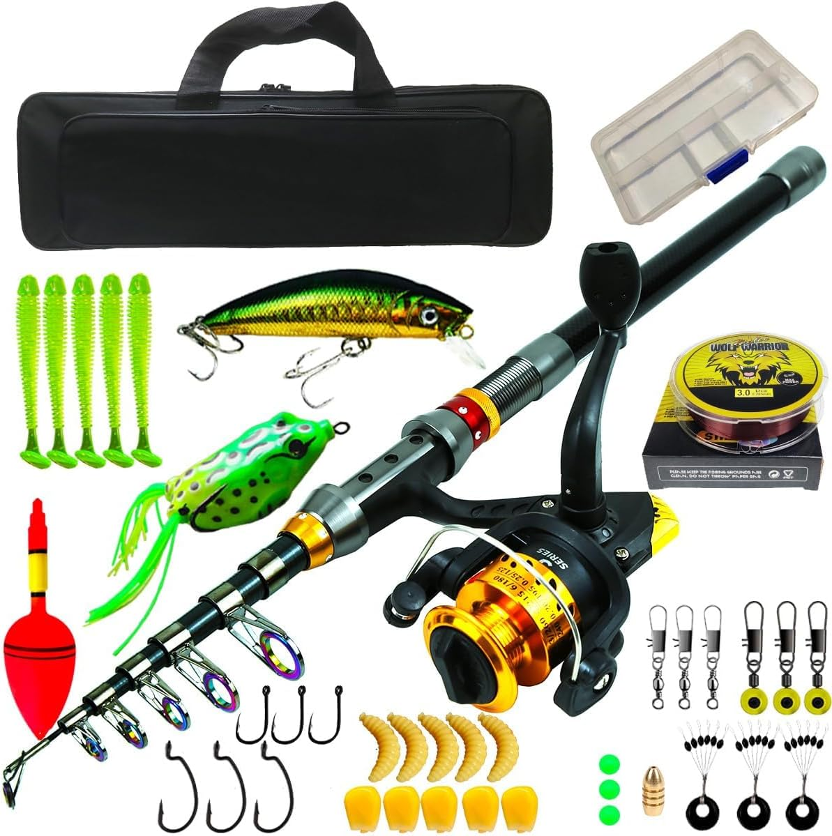 Fishing Rod Kit, Carbon Fiber Reel Combo Pole and Telescopic Fishing with Line Lures Tackle Hooks Reel Carrier Bag for Adults Saltwater Freshwater Travel image number 3