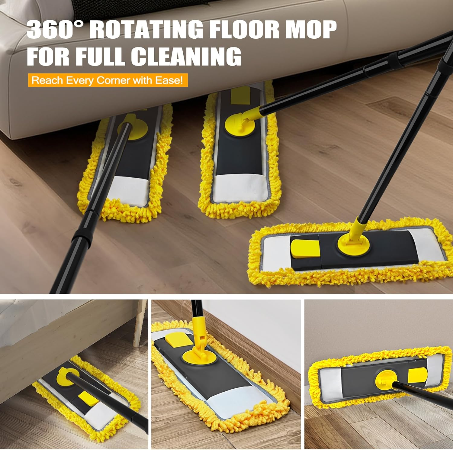 JEHONN Flat Mop for Floor Cleaning, Dry Wet Dust Mops with Microfiber & Chenille Pads for Hard Wood Laminate Tile Vinyl Kitchen Bathroom Home (Yellow) image number 2