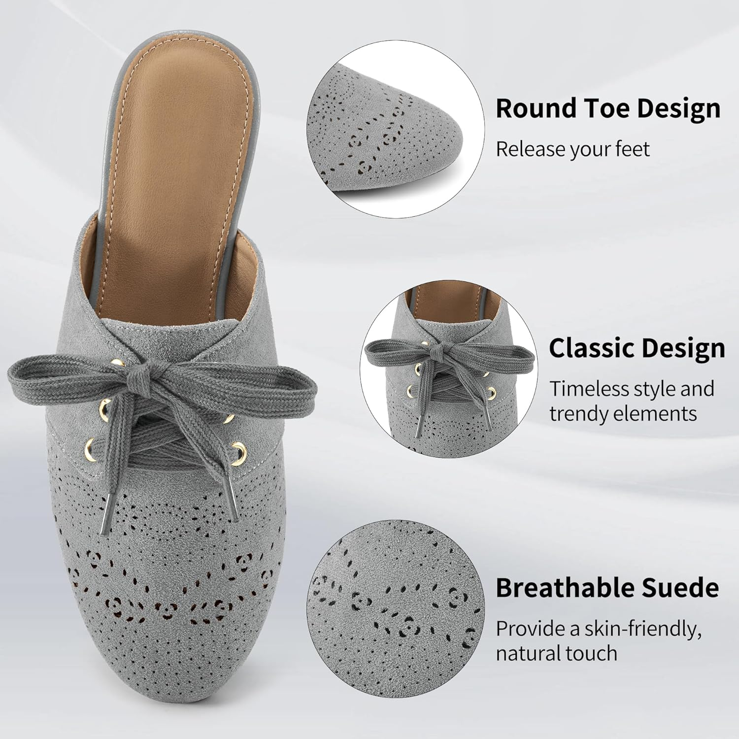 HARENCE Mules for Women Flats Shoes: Comfort round Toe Backless Loafers Casual Slip on Lace up Dressy Suede Mule image number 6