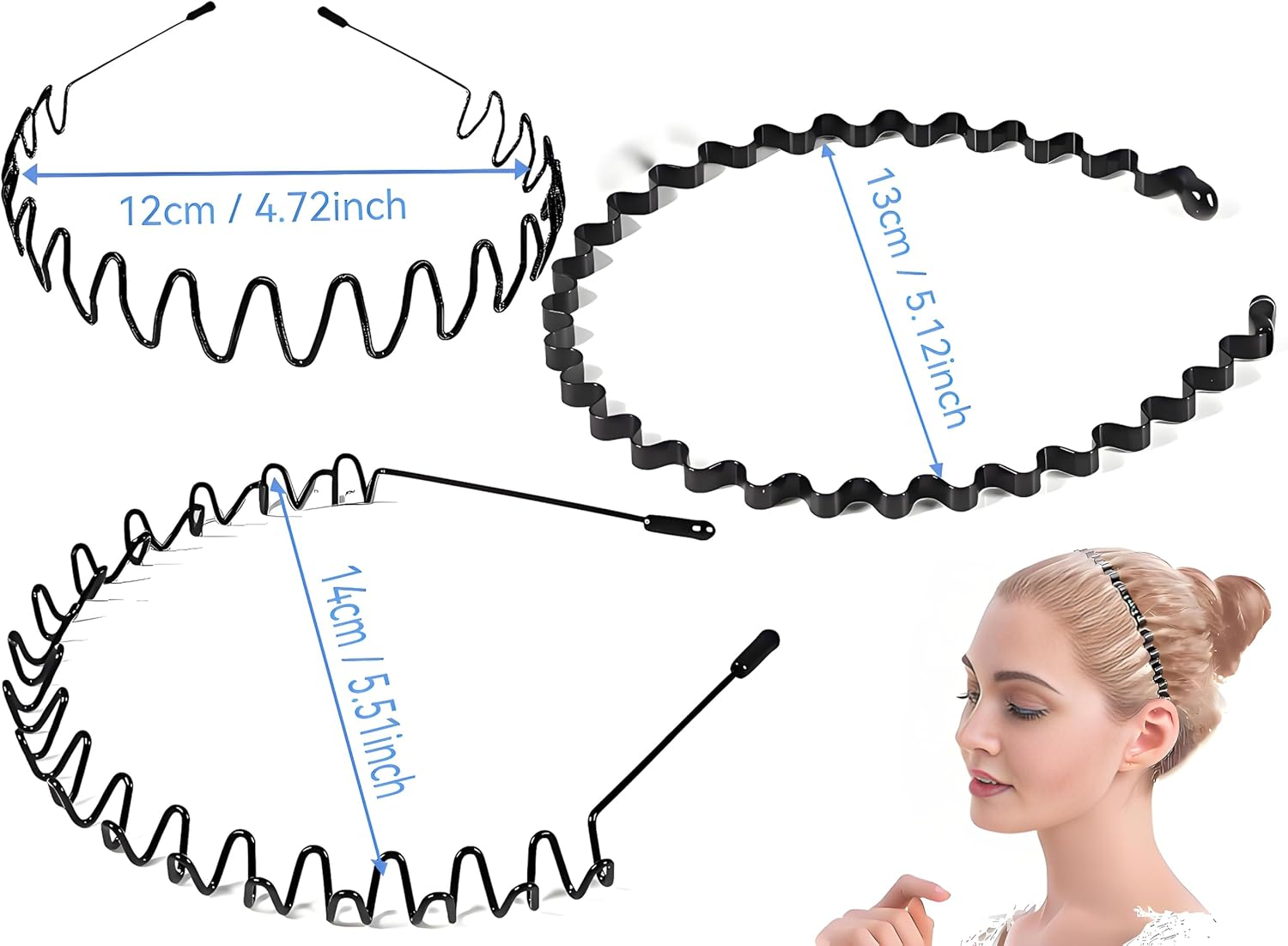 Pack of 3 Metal Hair Bands, Hair Bands Men Women, Wave Metal Headband, Non-Slip Elastic Headband, Hair Band Men, Hair Band Women, for Outdoor Sports Yoga image number 3