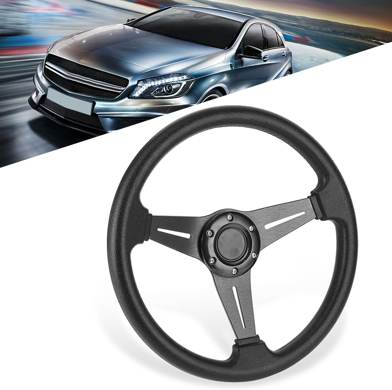 Racing Car Steering Wheel, 350Mm/14 Inch, Universal Drift Modification, Black - Black image number 1