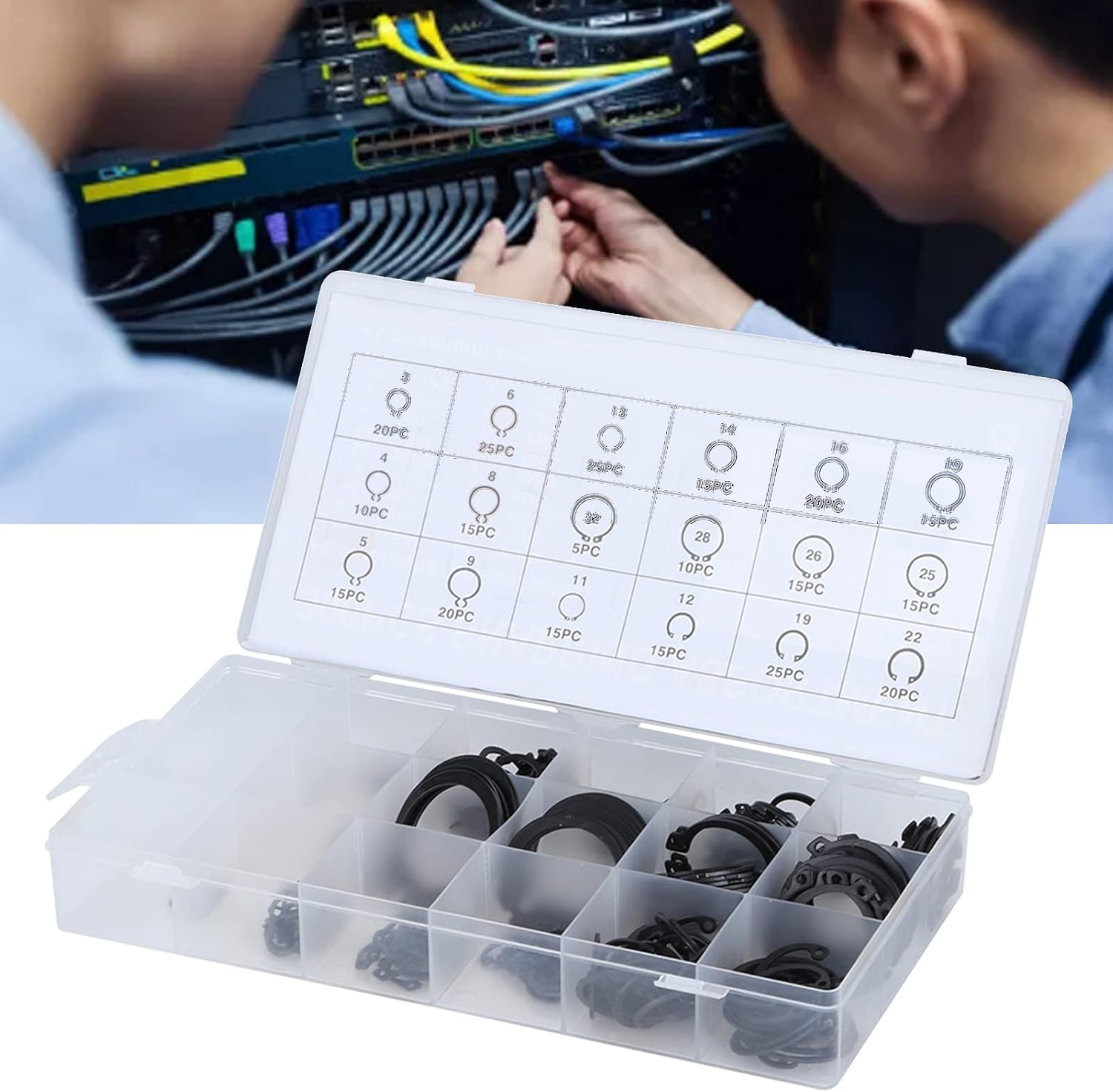 300Pcs 2-32Mm E Snap Retaining Ring Assortment Set, External Circlip Kit for Bearings, Gears, Pulleys with Plastic Storage Case image number 2
