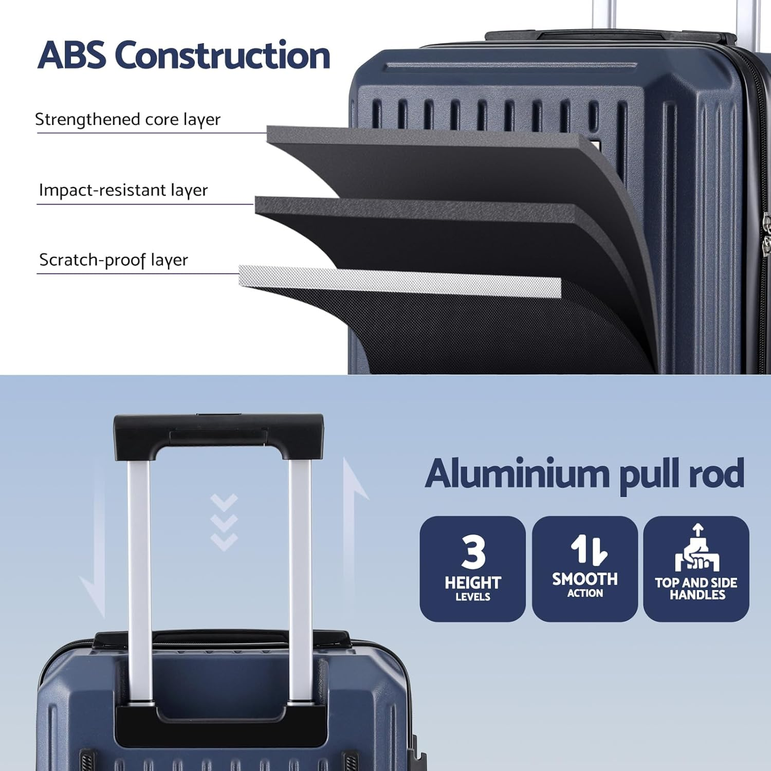 Wanderlite 2Pcs Trunk Luggage Set, 20&rsquo;&rsquo; Suitcase with Larger Capacity, Carry on Luggage with Phone Holder & Hook, TSA Lock, Lightweight Hardshell, Navy