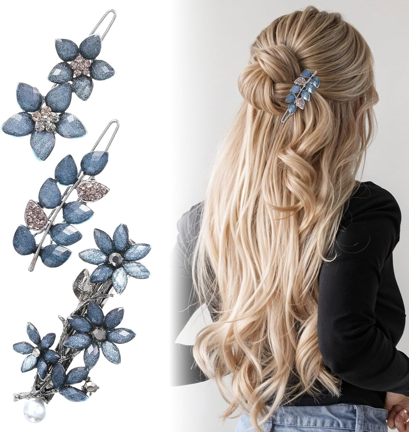 3 PCS Vintage Rhinestone Hair Clips, 2 Inch Ink-Blue Sparkly Crystal Flower Small Hair Barrettes Fancy Decorative Hairpin Wedding Hairs Accessories for Women Girls Bride Engagement Prom Valentines image number 2