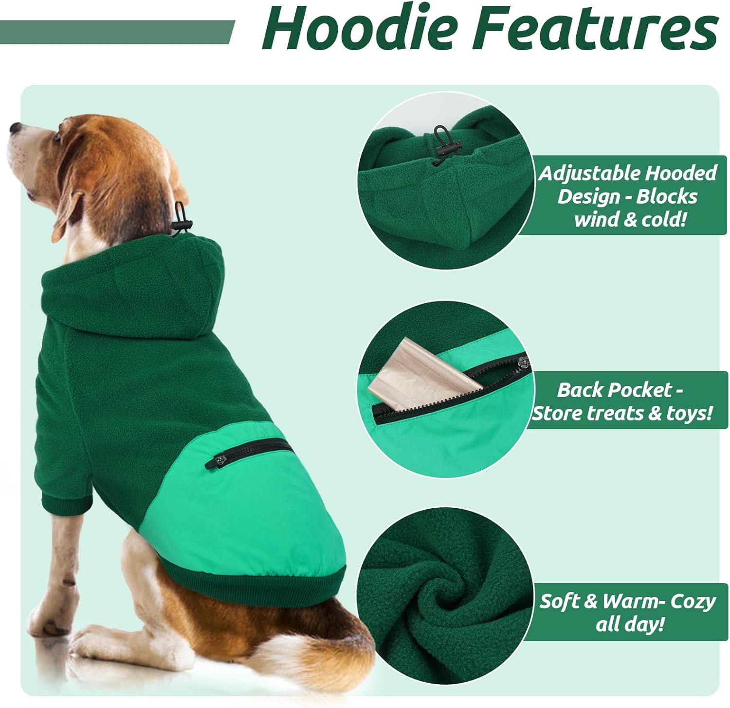 Lelepet Dog Hoodie for Small Dogs, Winter Dog Sweatshirt with Adjustable Hood, Warm Coat for Dogs, Pet Clothing Sweaters with Zipper Pocket, Soft Cold Winter All Weather Pet Clothes, Green 3XL image number 5