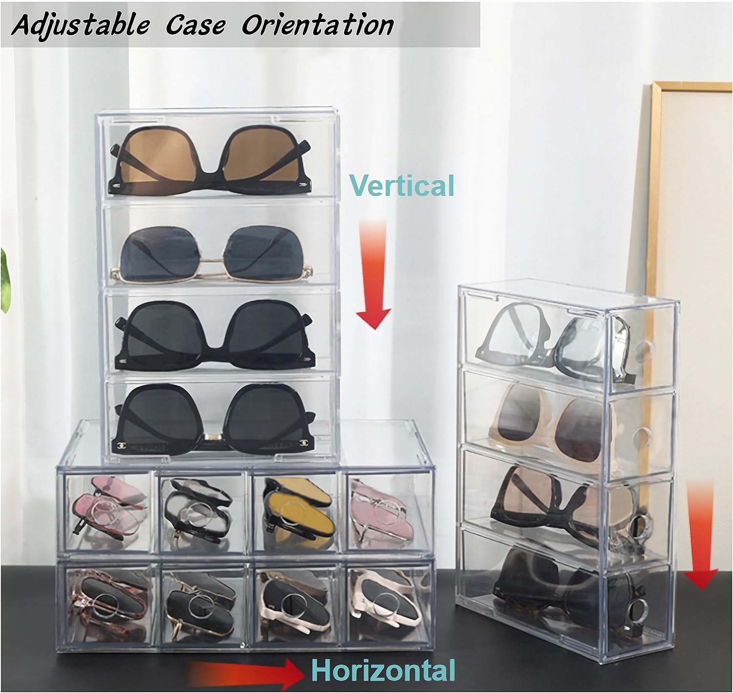 Acrylic Eye Glass Storage Organizer Box with 4 Clear Divided Drawers for Sunglasses Stackable Cosmetic Jewelry Makeup Tabletop Coffee Pod Display Organizer Holder（Clear) image number 1