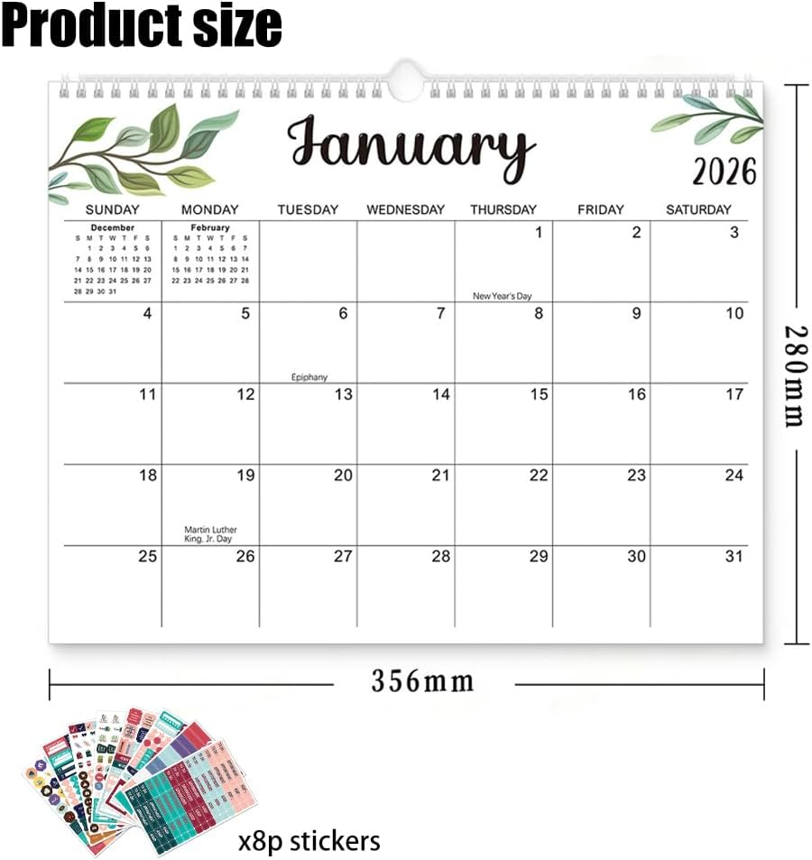 Geli Wall Calendar 2026-2027 with 8 Pieces Sticker, January 2026 - June 2027, 2026-2027 Monthly Calendar with Thick Paper, Twin-Wire Binding,Large Blocks, Hanging Hook, Holidays image number 4
