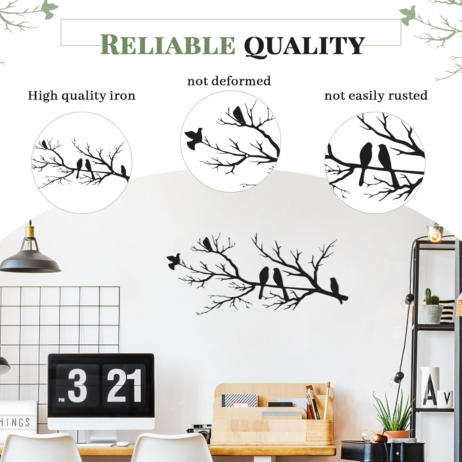 Metal Birds Wall Art Decor, Vivid Birds on Branch Wall Decor, Large Bird Silhouette Room Ornament, Leaves with Birds Hanging Wall Sculpture, Rustic Bird Wall Art for Home, Garden,Balcony, Grille image number 4