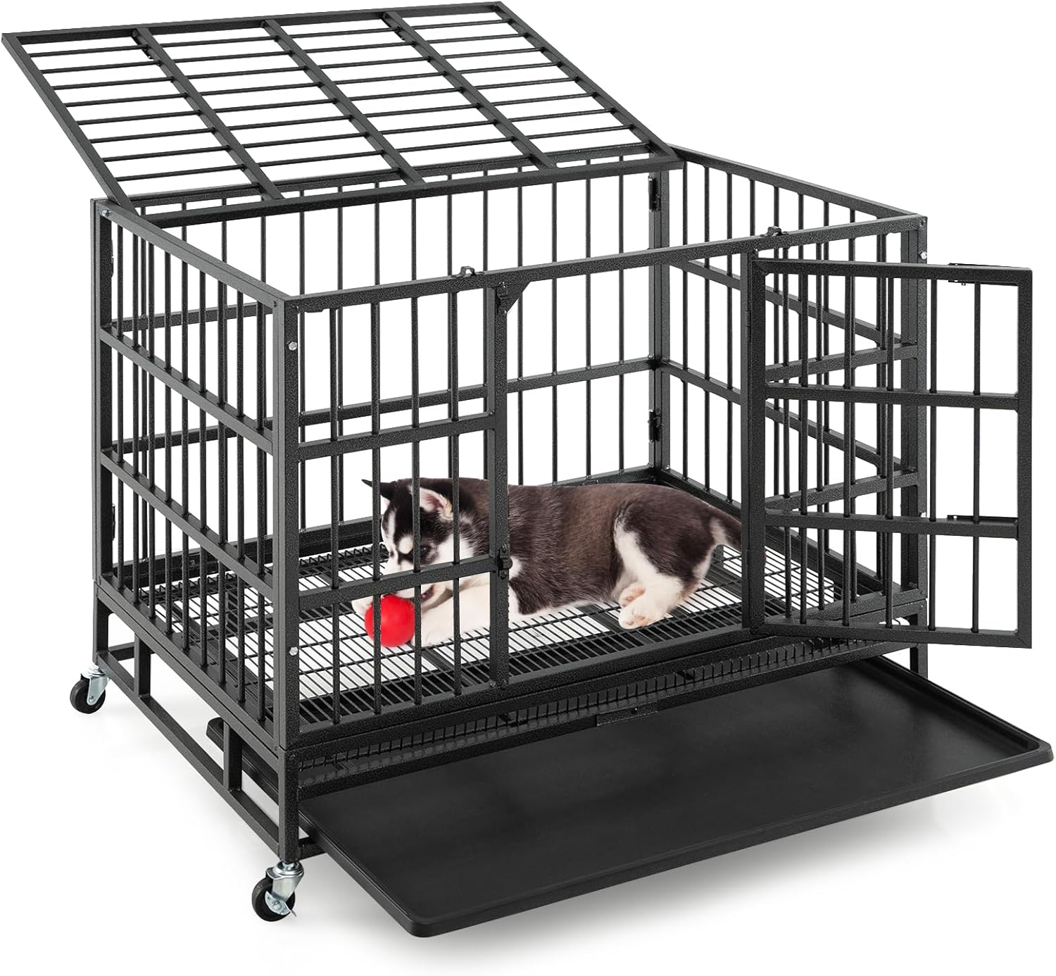 Costway 96CM/120CM Foldable Heavy-Duty Metal Dog Cage W/Lockable Rolling Casters, Removable Tray, 2 Lockable Doors, Chew-Proof Dog Crate, Indoor & Outdoor Portable Dog Kennel Crate (96 X 65 X 77 Cm) image number 2