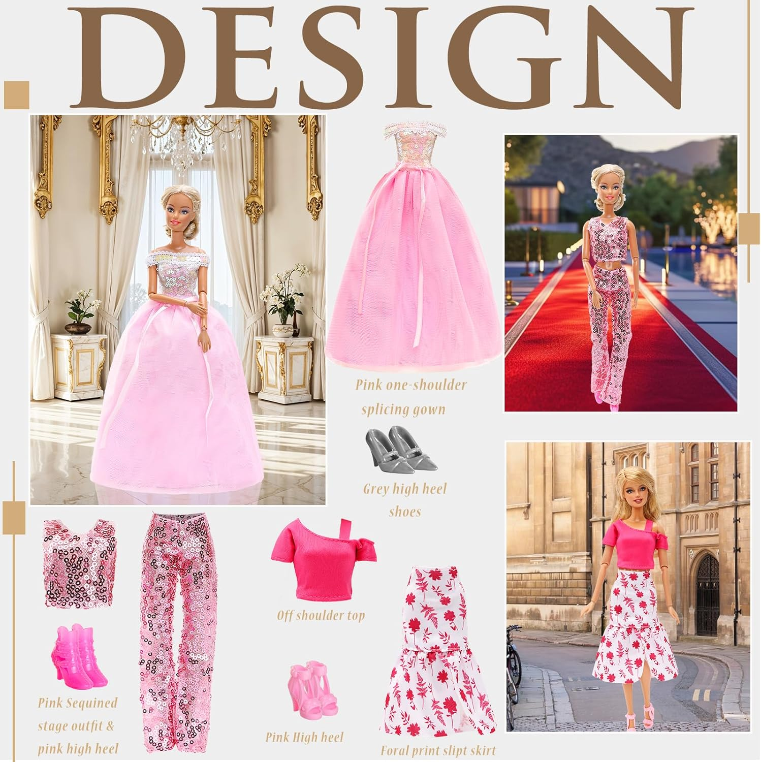 6 Set Doll Clothes Include Chic Suits Party Gown Sequin Outfit Stylish Dress with 6 Pairs of Shoes 3 Accessories for Storytelling Girl Dolls Clothing Set for 11.5 Inch Girl Dolls Fashion Pack image number 4