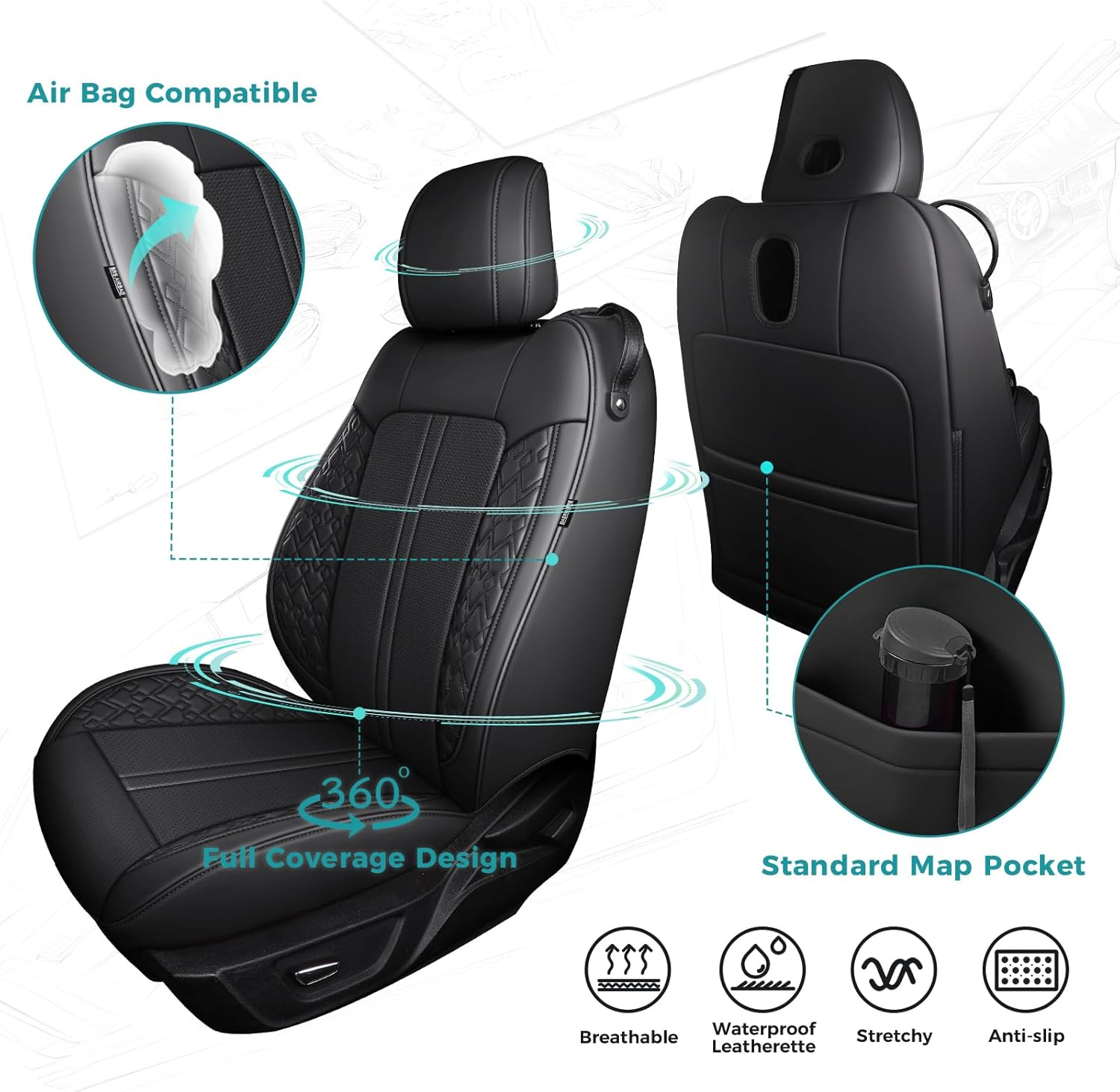 FEINEPRO Custom Fit Car Seat Covers for Ford Mustang Fastback/Mach 1/ Coupe (Not for Recaro) 2015 2016 2017 2018 2019 2020 2021 2022 2023, Waterproof Faux Leather Seat Covers Black image number 5